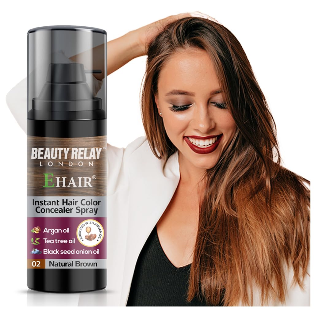 BEAUTYRELAY LONDON E Hair Ammonia-Free Natural Instant Hair Color Spray - Covers Gray & Black Hair Instantly, Easy to Use, Perfect Match & Blend for Brown Hair (1 Count) - Great for Touch-Ups, Root Coverage, and Quick Hair Color Fixes Between Salon Visits