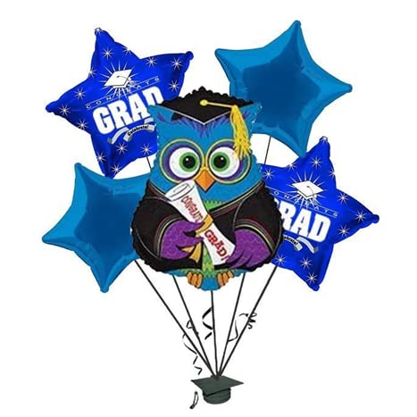 PMU Congrats Grad Balloon Bouquet - Graduation Decoration Mylar Balloons Set of 5 | Celebrate Success with Vibrant Blue 'Wise Owl Grad' Balloons | Perfect for Graduation Parties, School Events & Photo Backdrops