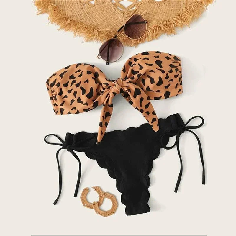 Sexy Leopard Print Bikini Set for Women - Strapless Push Up Swimsuit with Front Lace Up & Ruffled Bow Details - Thong Swimwear for Beach Vacation & Pool Party