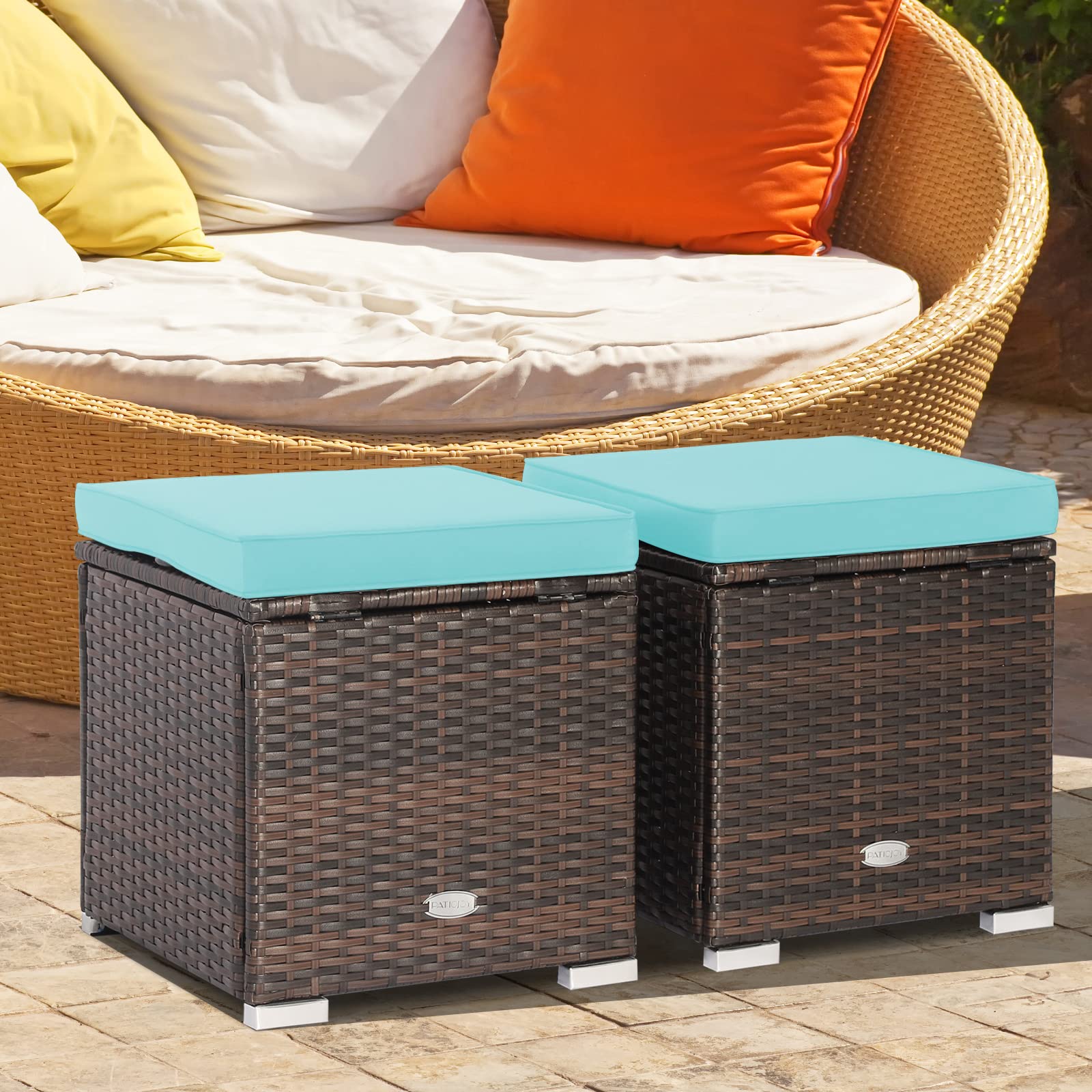 Tangkula 2-Piece PE Rattan Patio Ottoman Set with Removable Cushion & Hidden Storage - Multifunctional Side Table/Seat for Outdoor Living, Backyard, Poolside & Garden (Turquoise) - Perfect for Relaxation, Entertaining & Stylish Storage Solutions