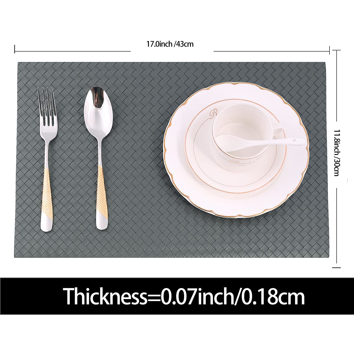 Non-Slip Faux Leather Woven Placemats Set of 4 - 11.8 x 17 Inches Heat-Resistant & Washable Table Mats for Dining Table Decor (Grey) - Perfect for Everyday Meals, Dinner Parties, and Holiday Gatherings