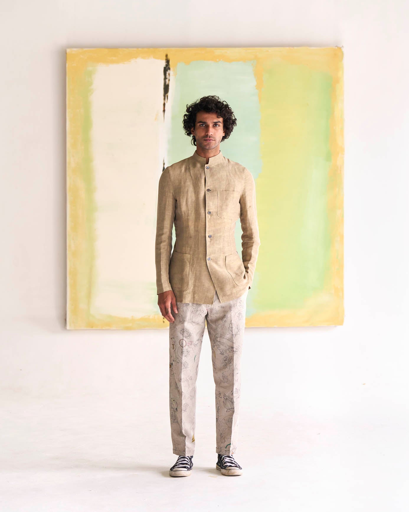 Elegant Beige Bandhgala Jacket in Satin Linen Fabric for Men | Perfect for Weddings, Parties & Formal Events