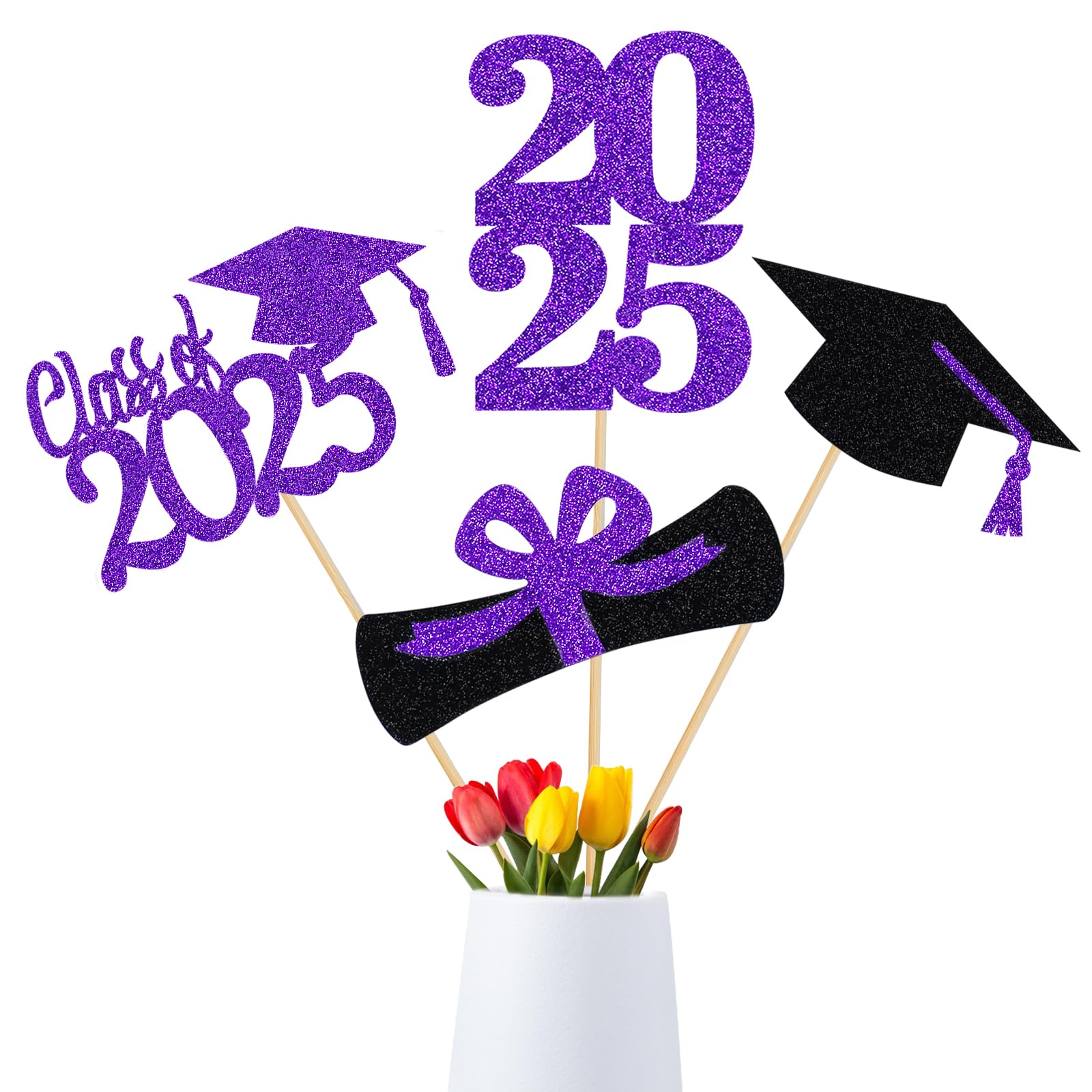 TeePolly 24Pcs Purple Graduation Centerpiece Sticks - Class of 2025 Graduation Party Decorations, Table Centerpieces for Graduation Ceremony & Celebration - Perfect for High School, College Commencement & Graduation Party Decor