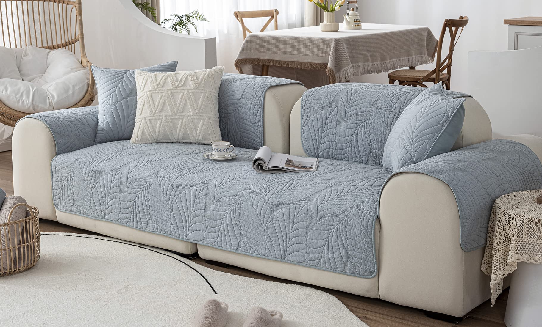 VCTOPS 100% Cotton Solid Blue Embroidery Sofa Slipcover - Non-Slip Washable Couch Cover Protector (28
