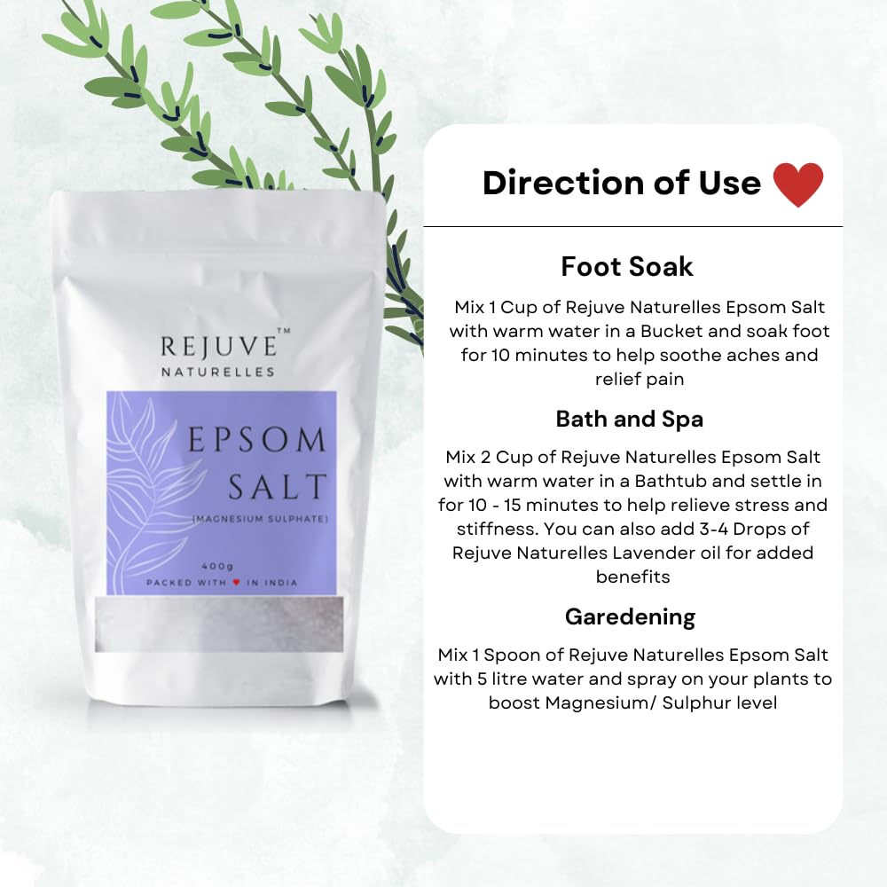 Rejuve Naturelles Premium Epsom Salt 400g - 100% Pure Magnesium Sulfate Crystals for Muscle & Foot Pain Relief, Plant Growth & Detox | Relaxing Bath Soak, Gardening Supplement & Natural Remedy