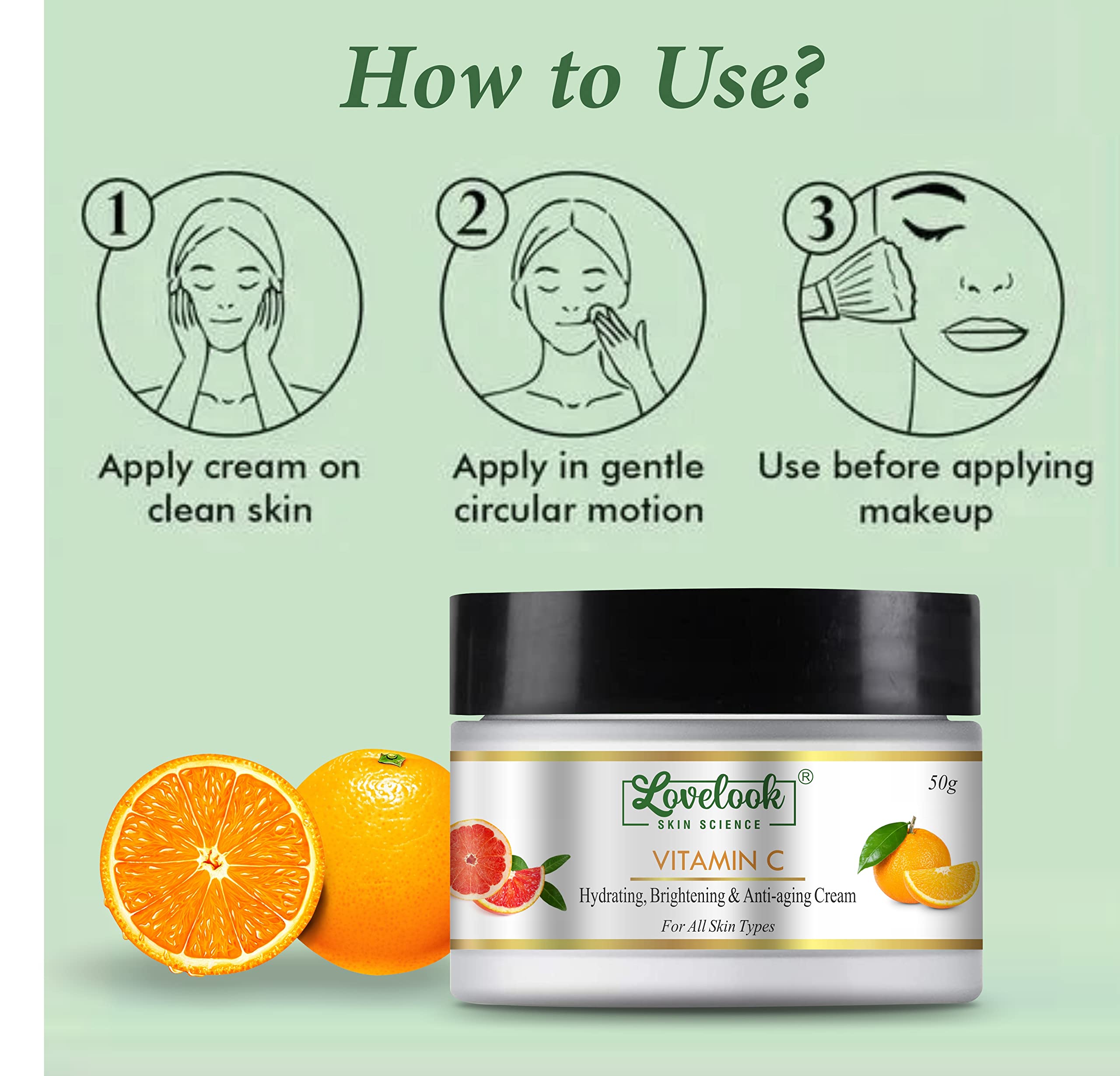 Lovelook Vitamin C Face Cream for Skin Brightening & Whitening - 50g Anti-Aging Moisturizer with Hyaluronic Acid | Day & Night Use for Glowing Skin