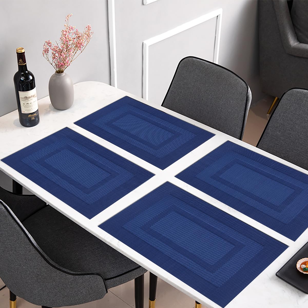 Washable Woven Vinyl Placemats Set of 6 - 18x12 Inches Navy Blue Plastic Table Mats for Dining Room, Kitchen, Party & Outdoor Use - Durable, Easy to Clean & Non-Slip