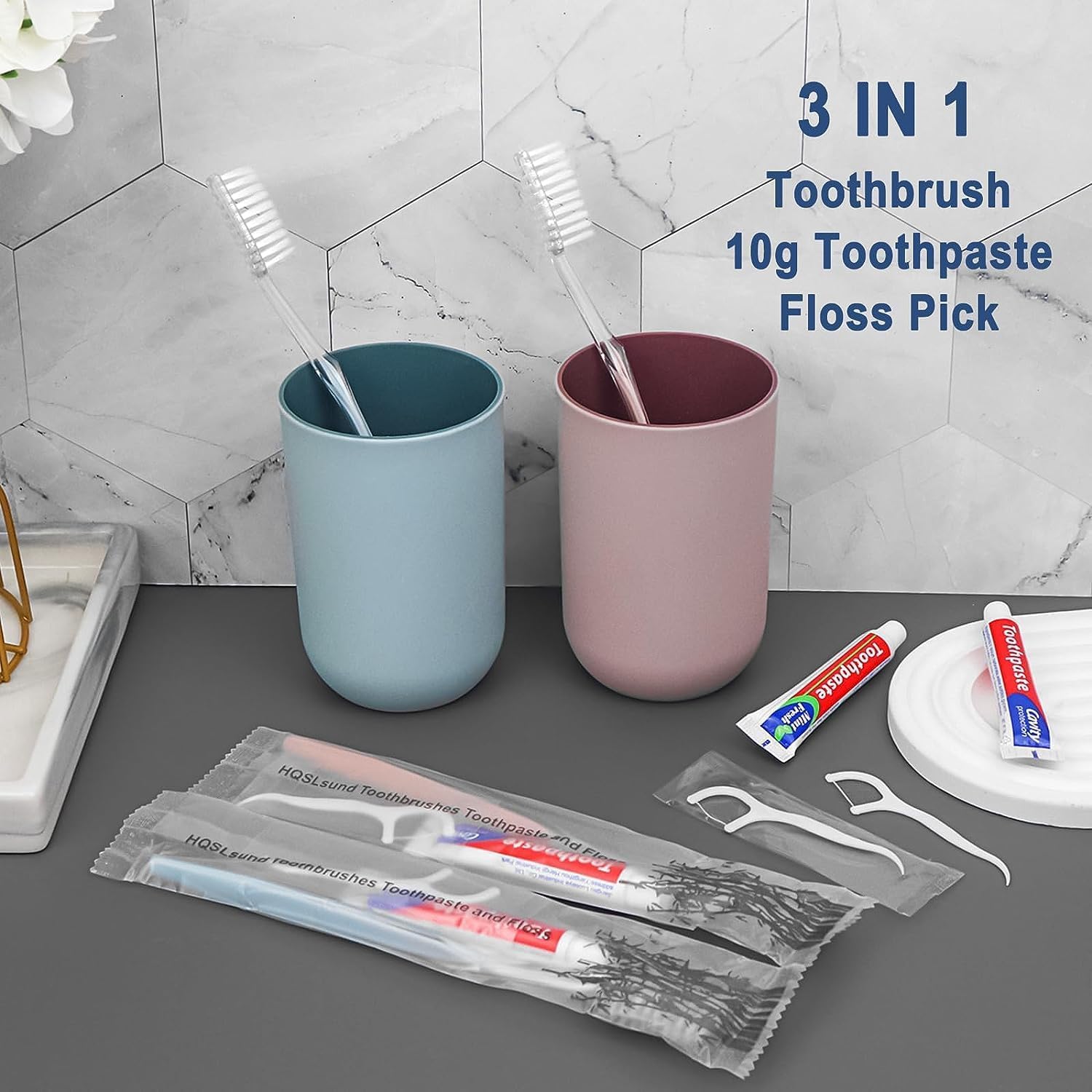 500pcs Disposable Toothbrushes with Toothpaste & Floss - Individually Wrapped Travel Dental Kit (2 Colors, 10g Toothpaste, Floss Picks) - Bulk Oral Hygiene Supplies for Hotels, Airbnb, Homeless Shelters, Camping & Emergency Kits