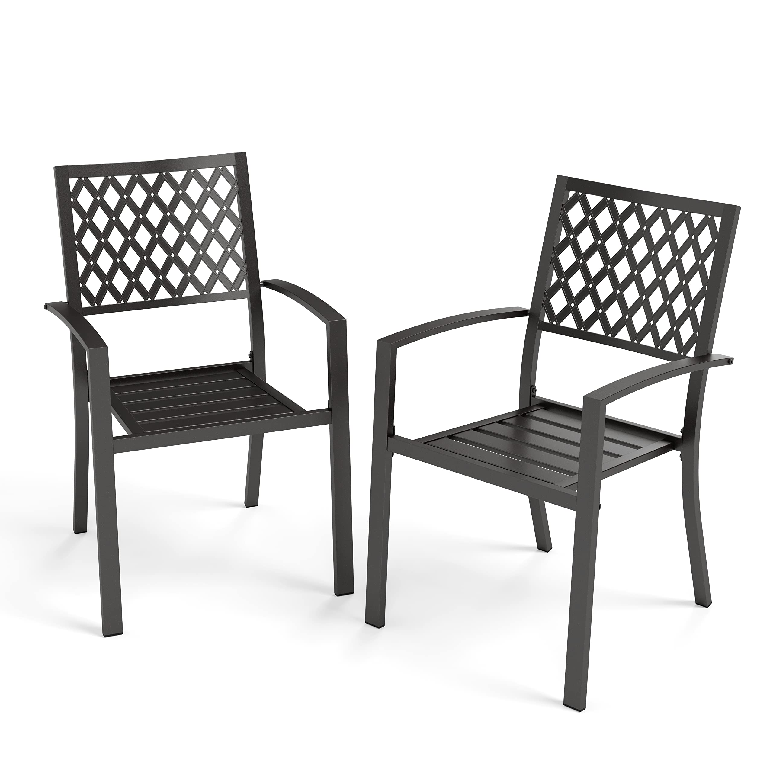 PHI VILLA Stackable Black Metal Outdoor Patio Chairs - Set of 2 Heavy Duty Wrought Iron Dining Chairs with Armrests 300 lbs Weight Capacity - Perfect for Backyard, Garden, Restaurant, Bistro & Outdoor Dining Areas