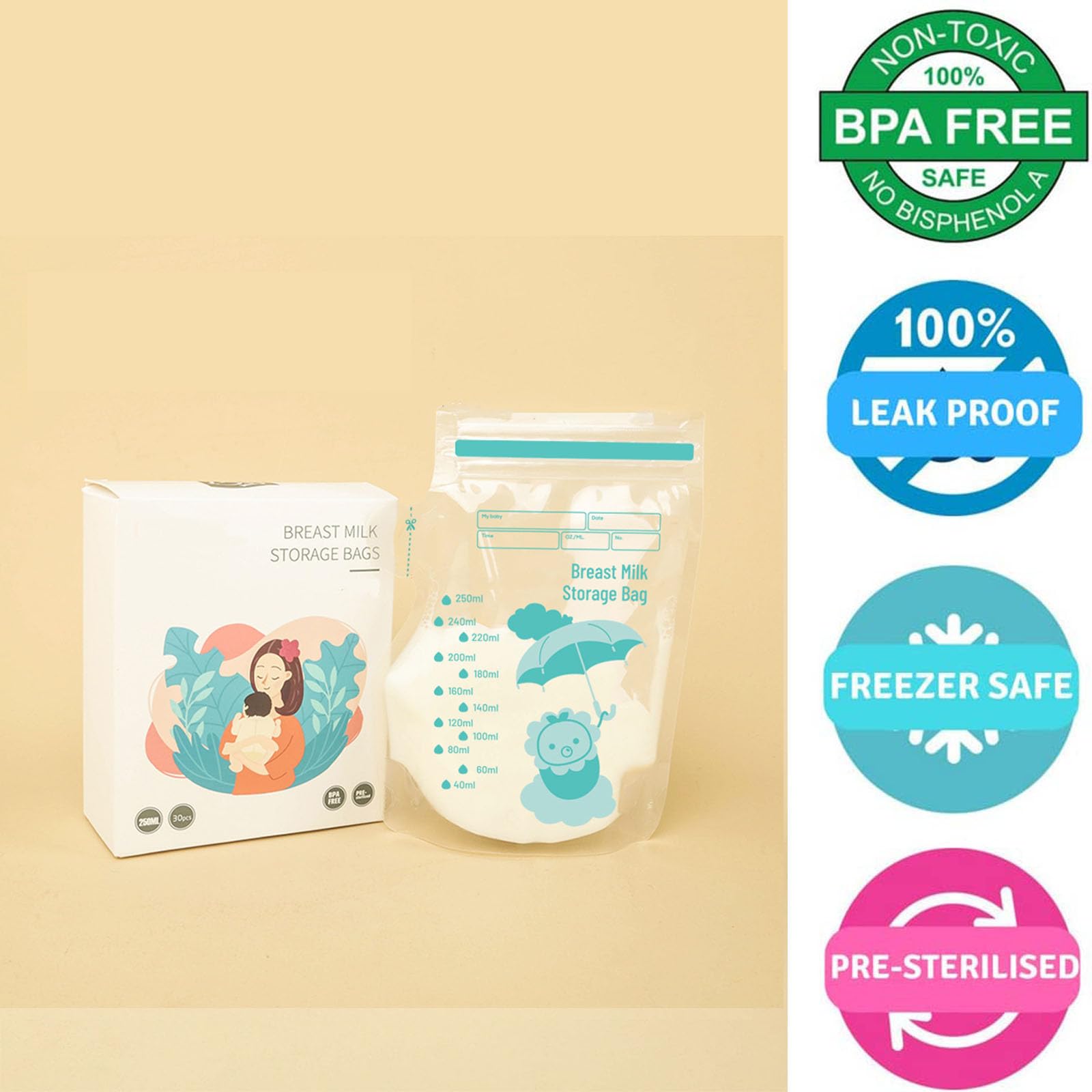 30 Breast Milk Storage Bags - 250ml Pre-Sterilized Freezer Bags with Double Leak-Proof Seal | Stand-Up Design for Easy Storage | Essential Breastfeeding Supplies for Nursing Moms | Perfect for Home, Travel, and Work Use