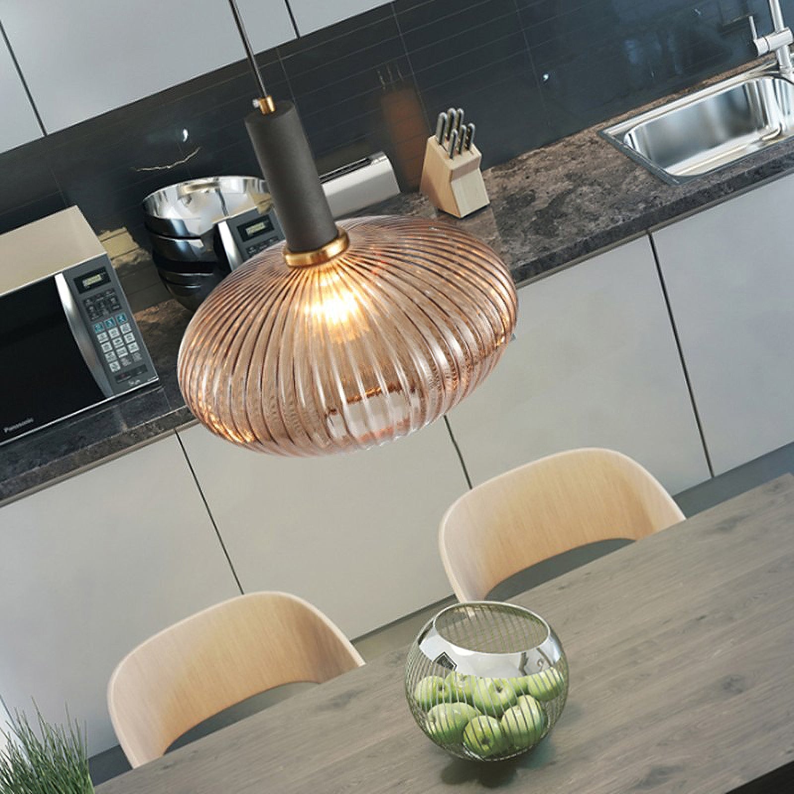 Modern Oval Reeded Glass Pendant Light - Sleek Farmhouse Ceiling Fixture for Kitchen Island, Dining Room & Bedroom Lighting