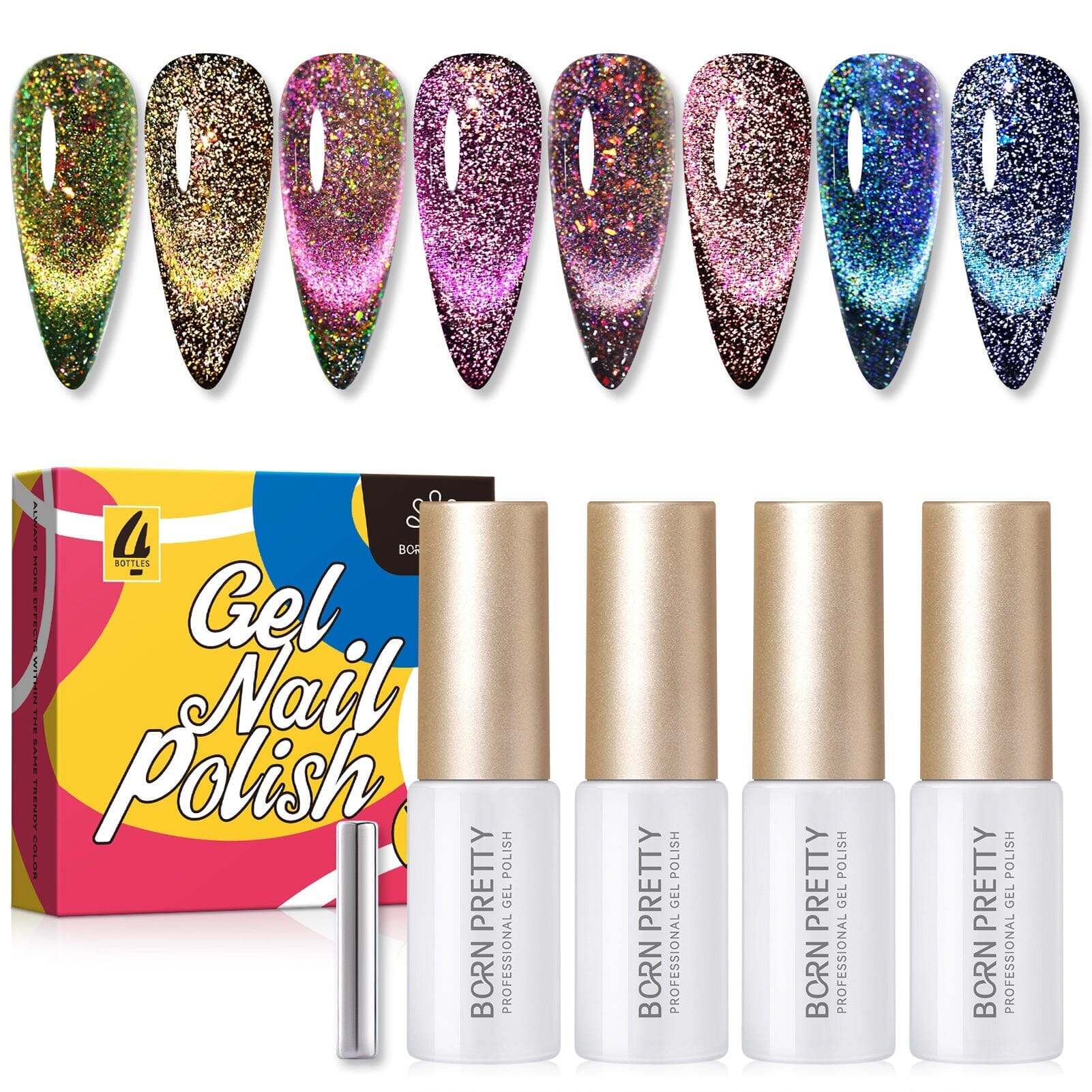 4 Colors 9D Flakies Reflective Cat Eye Magnetic Gel Polish - 5ml Nail Art Kit for Stunning 3D Glitter Manicures at Home or Salon