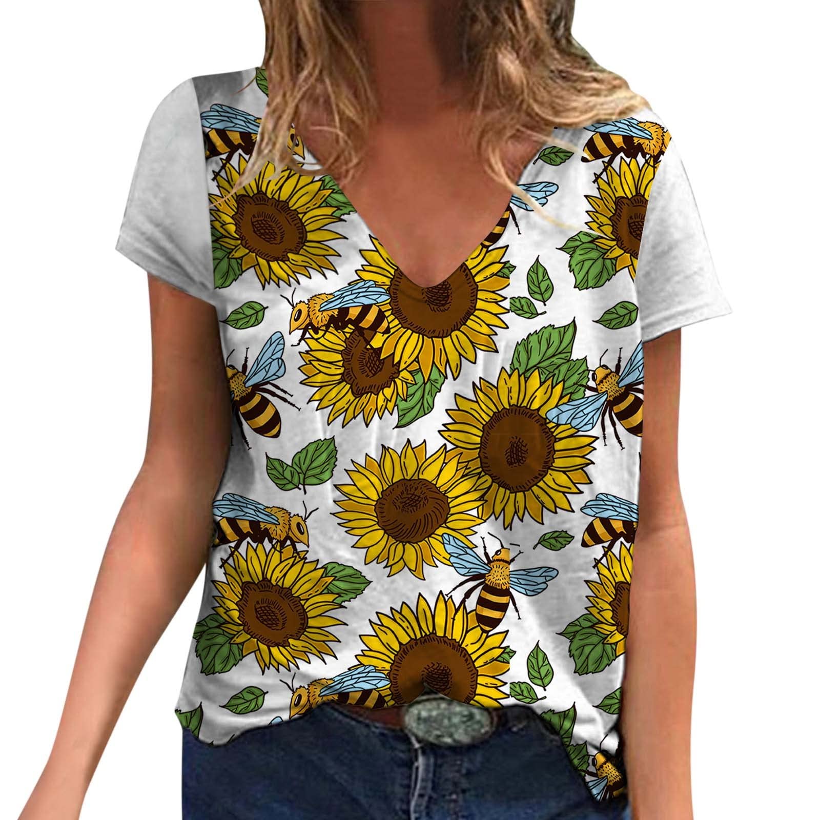 Women's Summer Fashion V-Neck Printed T-Shirt - Trendy Casual Short Sleeve Loose Fit Tunic Top (White, Small) | Perfect for Beach Outings, Weekend Wear & Summer Vacation