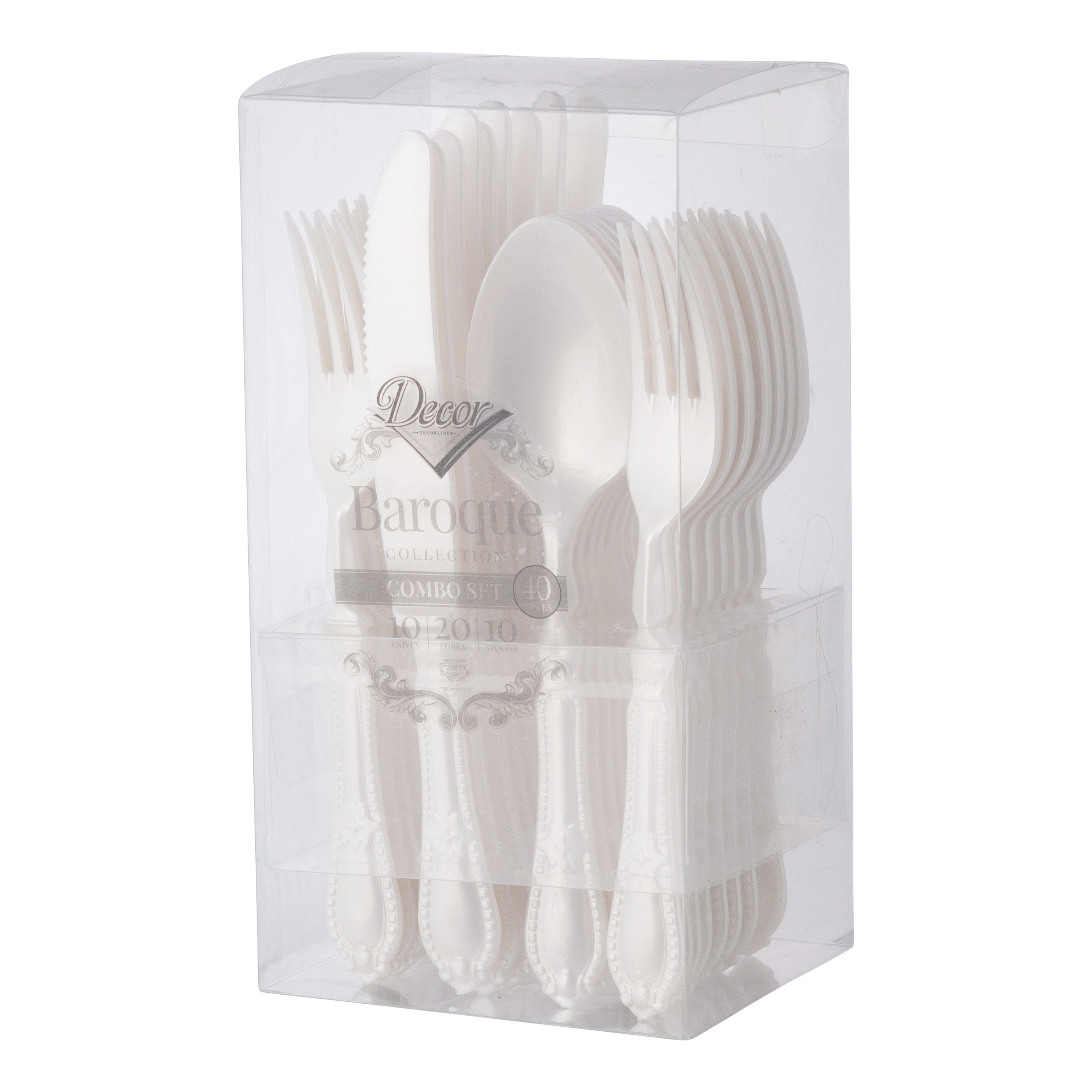 40-Piece Disposable Pearl Heavyweight Plastic Silverware Set - Elegant Baroque Style (10 Place Settings) - Perfect for Weddings, Parties, and Special Events