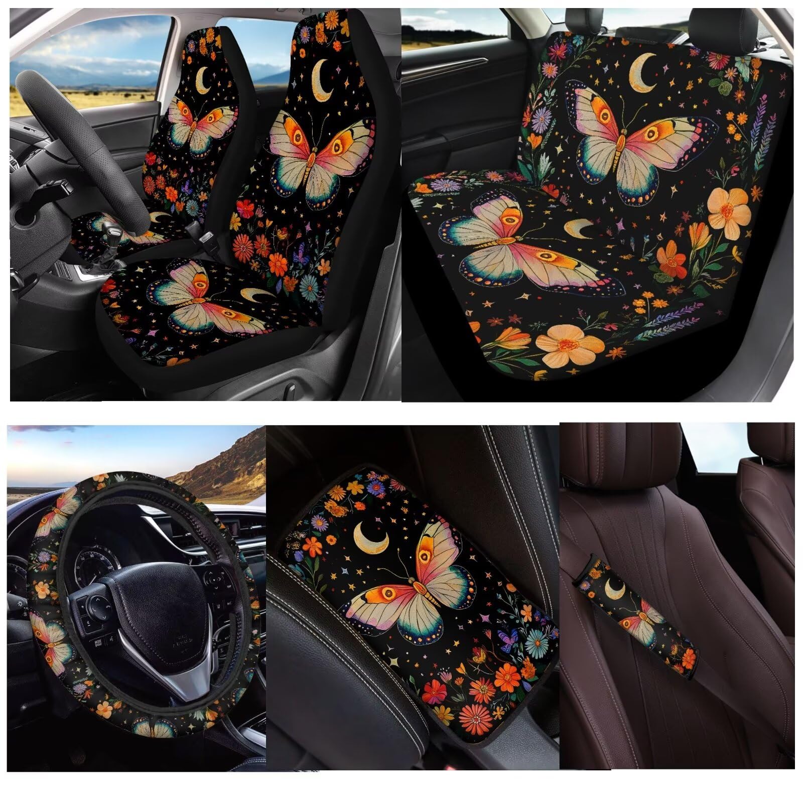 Pensura 7-Piece Aesthetic Butterfly Flower Car Seat Cover Set - Includes Seat Mats, Steering Wheel Cover, Seat Belt Pads & Armrest Cover - Universal Fit for Most SUVs & Trucks - Perfect for Road Trips, Daily Commutes & Car Interior Protection