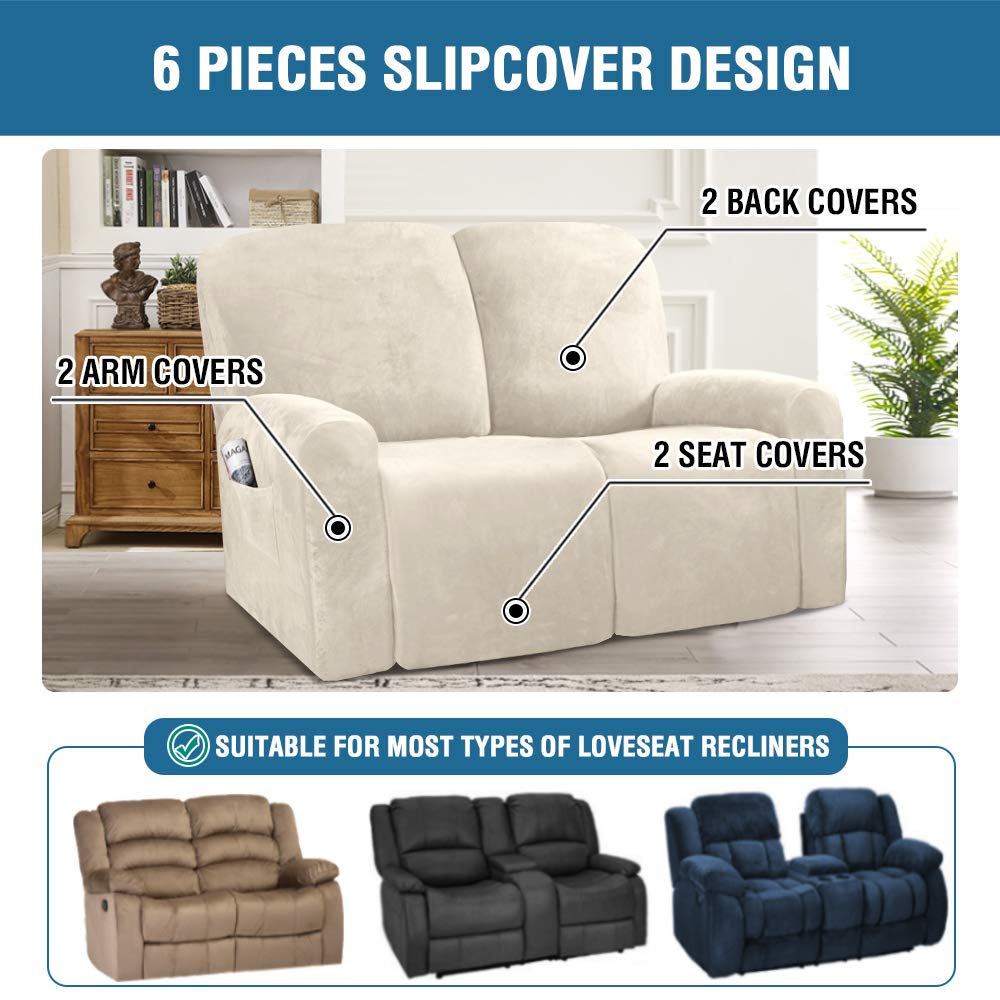 H.VERSAILTEX Velvet Stretch Recliner Couch Covers 6-Piece Set - Form Fitted Washable Slipcovers for 2-Cushion Loveseat & Reclining Sofa (Ivory) - Soft Thick Fabric Protector for Living Room, Home Theater & Family Room