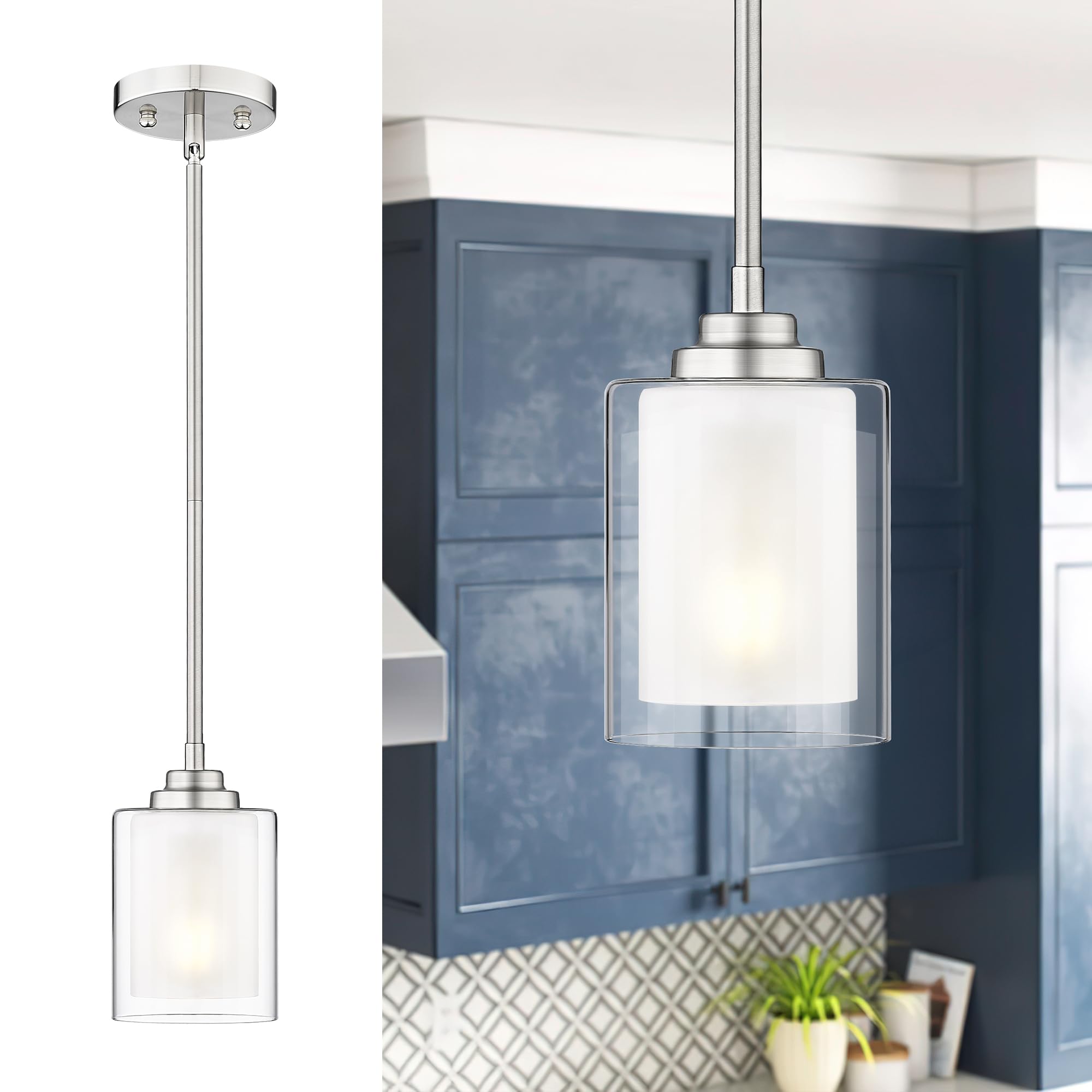 TENGXIN Modern Pendant Light with Brushed Nickel Finish - Kitchen Island Hanging Light Fixture for Farmhouse Dining Room, Bedroom, Bar & Office (Model TXPLBN02) - Perfect for Ambient Lighting Over Countertops and Dining Tables