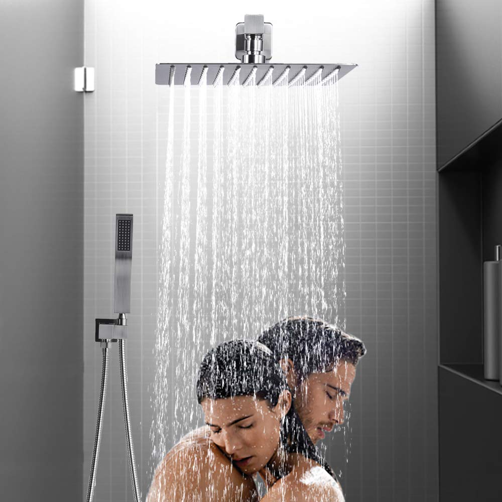 Premium Brushed Nickel Shower System Combo Set - 10 Inch Square Rainfall Shower Head, Mixer Valve & Tub Spout - Luxury Bathroom Upgrade for Spa-Like Experience (Perfect for Master Bathrooms & Modern Home Renovations)