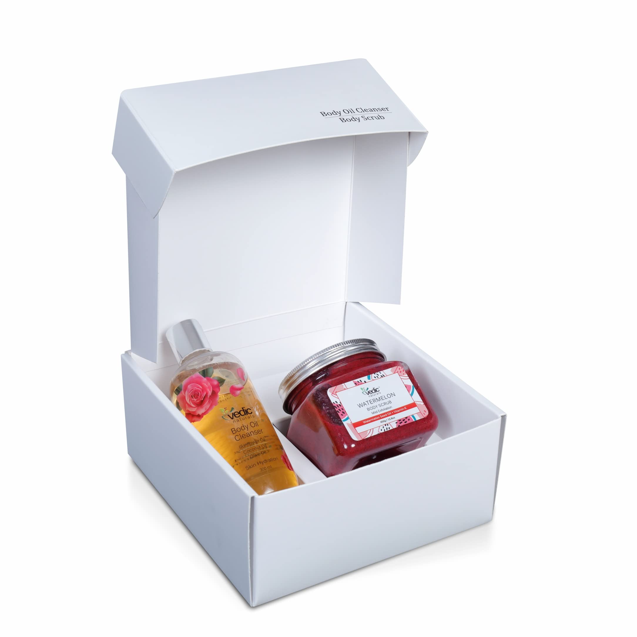 Vedic Naturals Organic Bath Gift Set - 2 Piece Watermelon Body Scrub & Body Oil Cleanser | 100% Natural Skincare for Spa Day & Relaxation | Perfect Self Care & Birthday Present