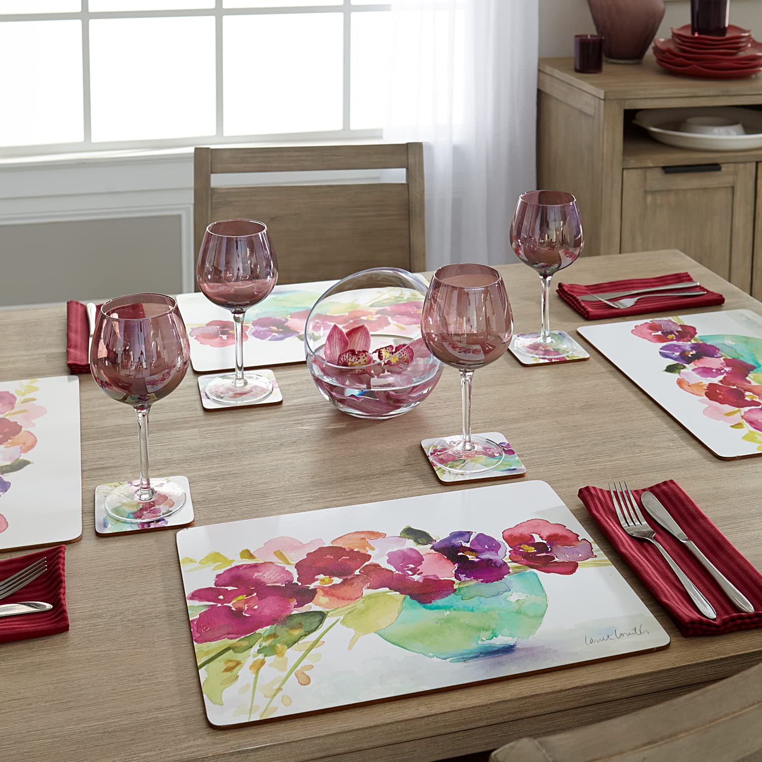 Bowl of Blooms Decorative Hardboard Cork Back Tabletop Placemats - Set of 4 - Heat Resistant & Easy to Clean - Made in USA - Perfect for Dining Tables, Kitchen Countertops & Home Decor