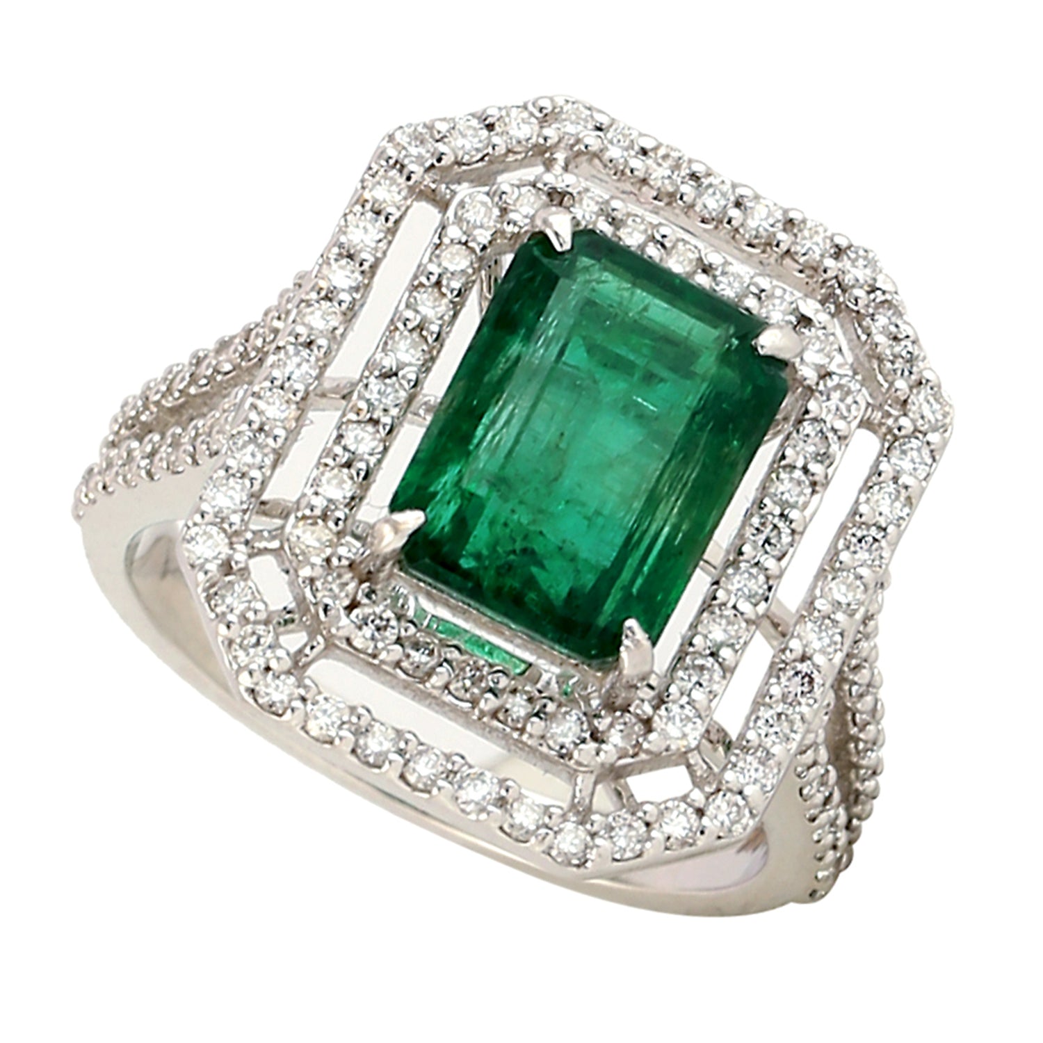 14K White Gold Emerald Cut May Birthstone Ring with Pave Diamond Accents - Perfect for Birthdays, Anniversaries & Special Occasions