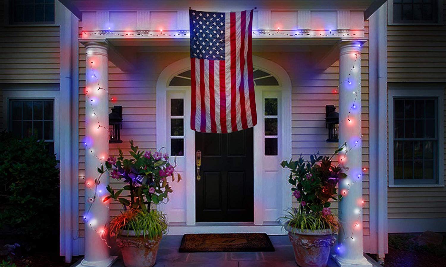 125 LED Solar String Lights - 68ft Waterproof Outdoor & Indoor Lights with 2 Modes & Mounting Options | Perfect for Holiday Decor, Party, Garden, Patio, Wedding (Red, White & Blue)