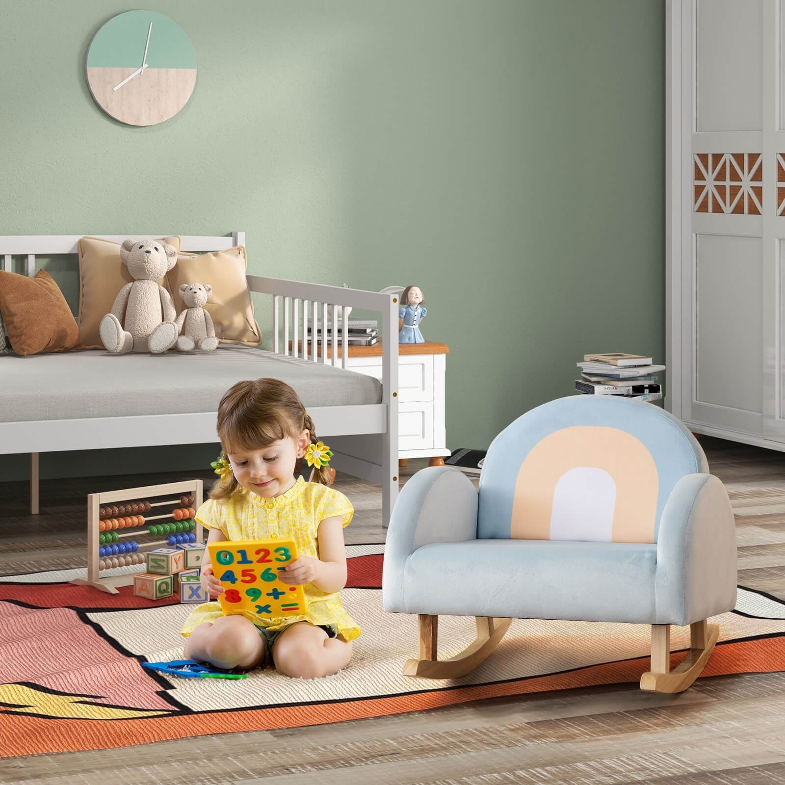 Solid Rubber Wood Toddler Rocking Chair with Soft Velvet Cover - Blue | Comfortable Kids Rocking Chair for Nursery, Bedroom & Playroom