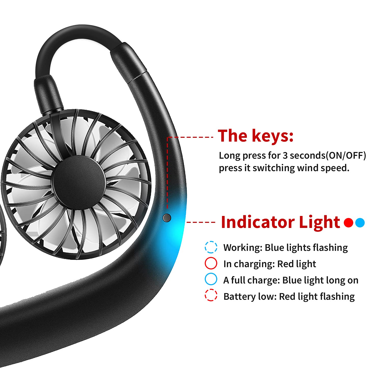 Portable Neck Fan Rechargeable - Hands-Free Personal Cooling Fan with USB Charging, 3 Speed Adjustable & 360° Rotation - Wearable Neckband Fan for Sports, Office, Travel, Reading & Outdoor Activities (Black)