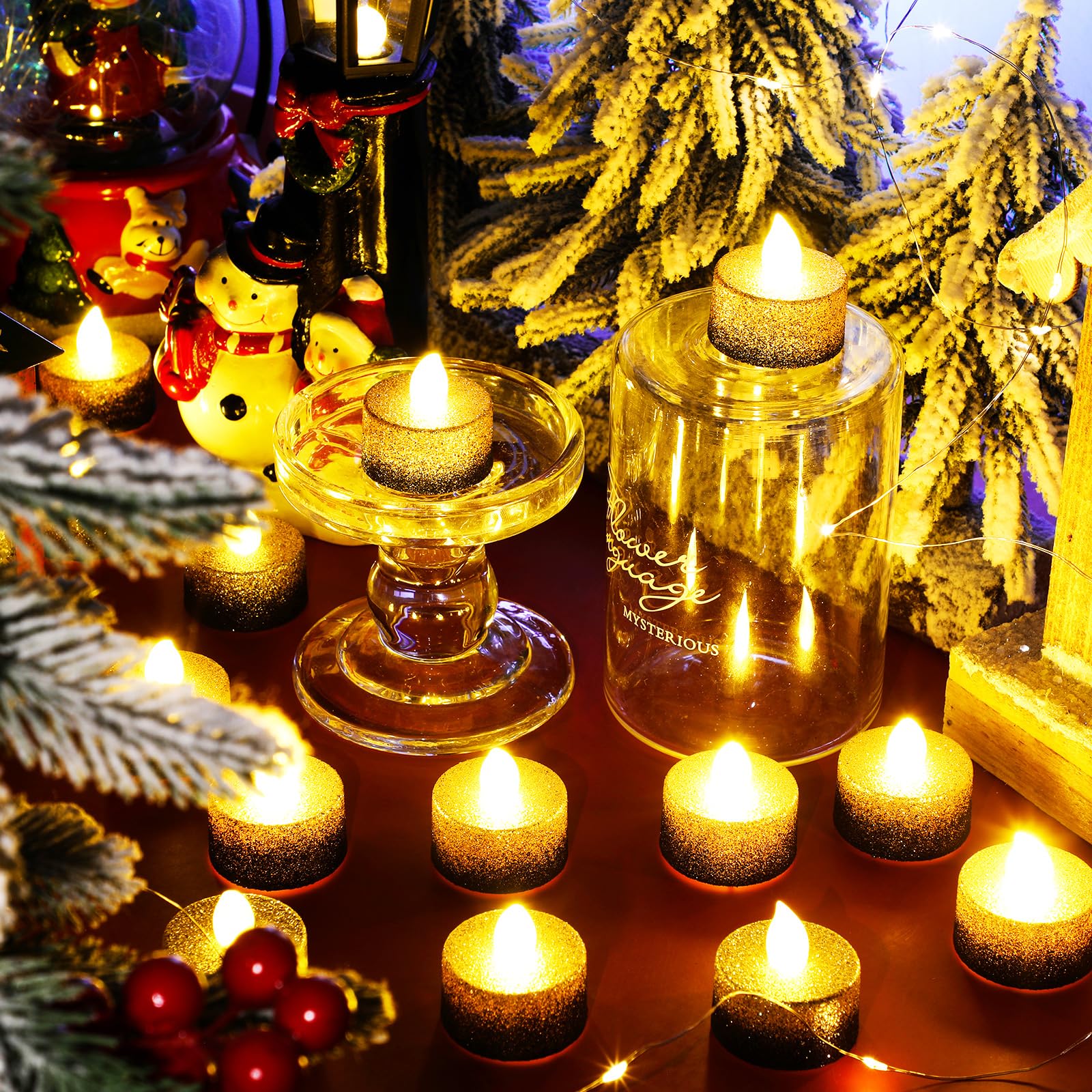 48 Pack Flameless LED Tea Lights - Gold & Black Glitter Electric Candles with Timer, Battery Operated for Wedding Centerpieces, Christmas Decor, Anniversary & Birthday Party Decorations - Romantic Ambiance for Home, Restaurant, and Holiday Events