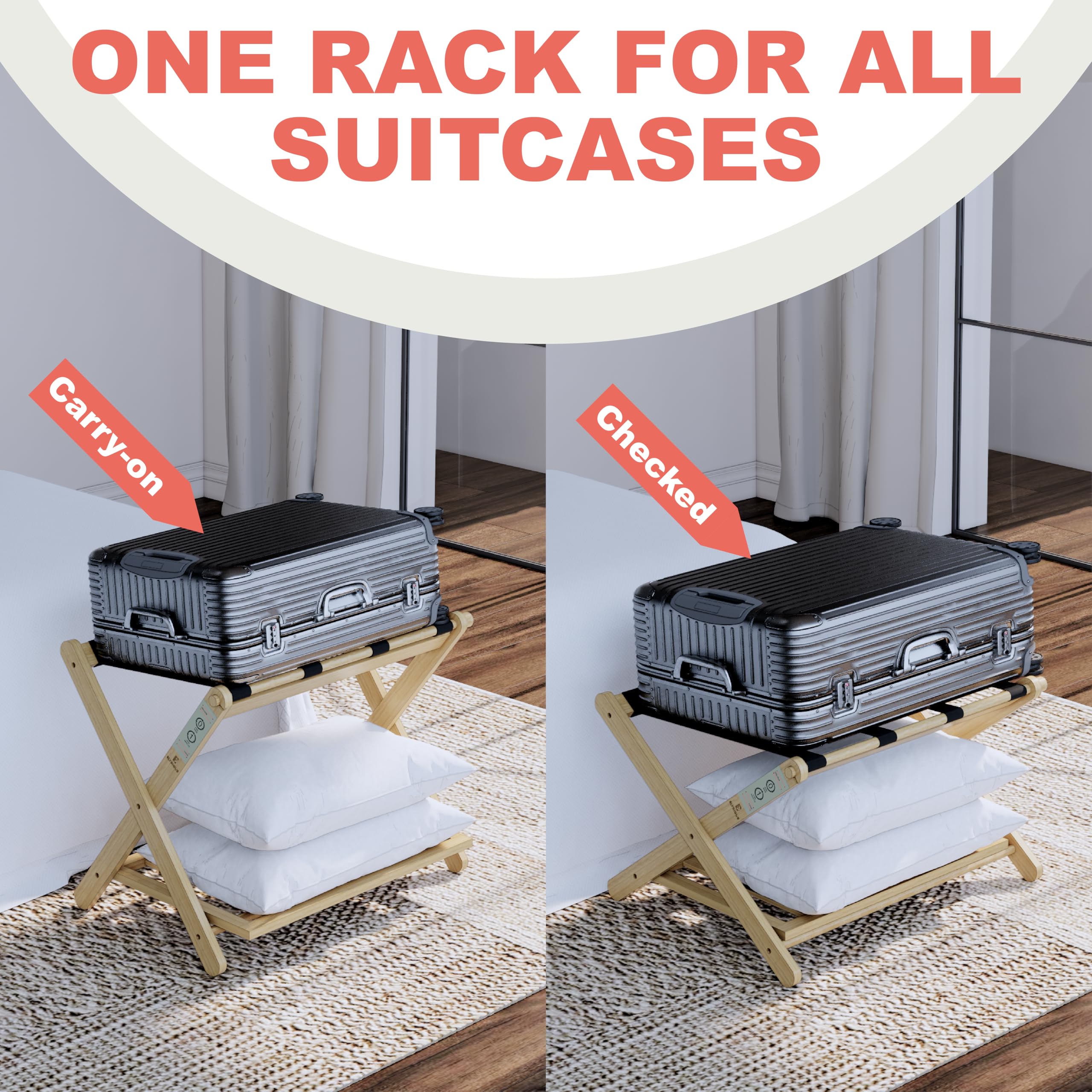 Premium Adjustable Height Luggage Rack - Durable Bamboo Suitcase Stand for Hotels, AirBnB & Guest Rooms - Holds 100 lbs, No Assembly Needed - Perfect for Travelers & Home Organization