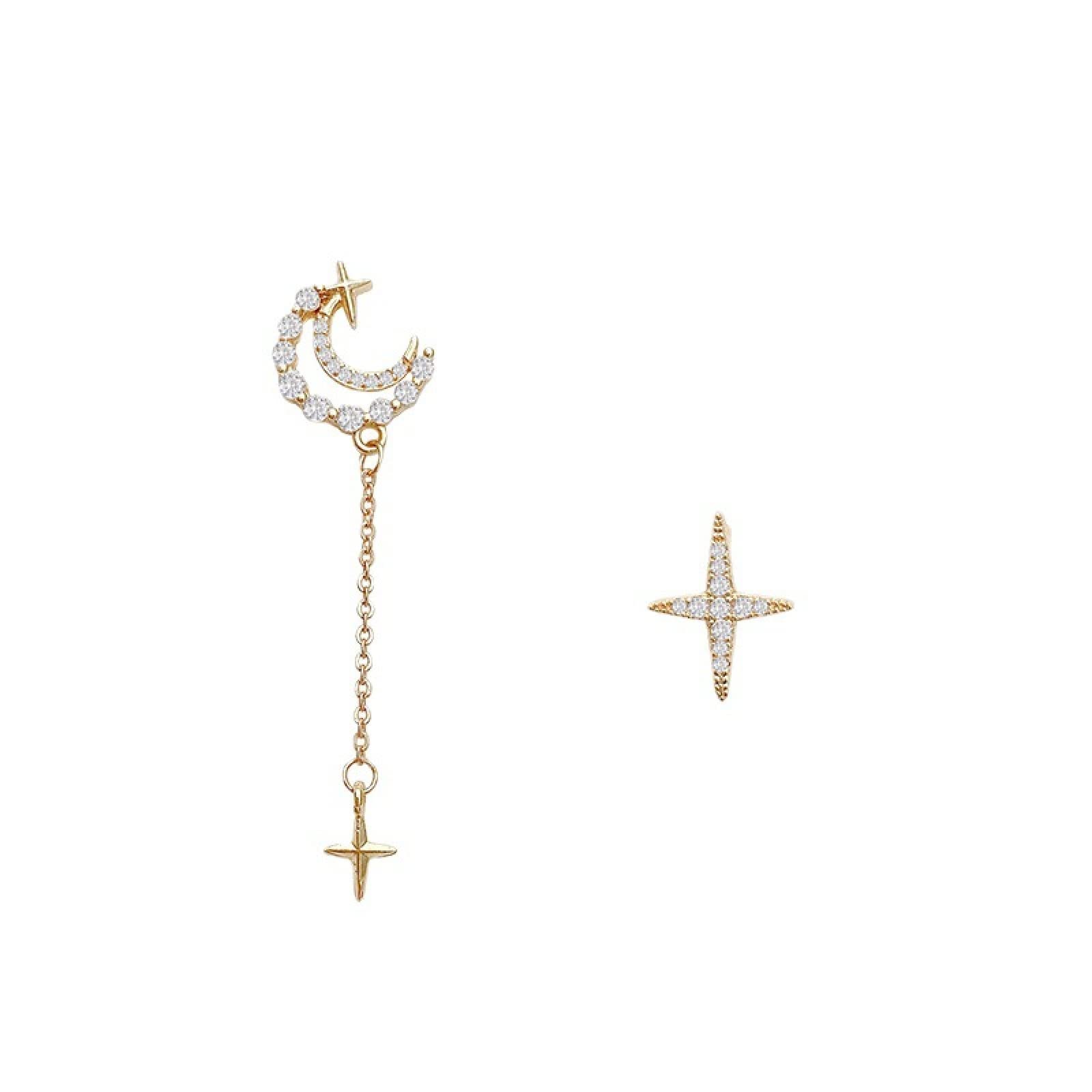 Korean Star & Moon Zircon Asymmetric Earrings - Trendy Women's Fashion Jewelry for Parties, Dating & Special Occasions