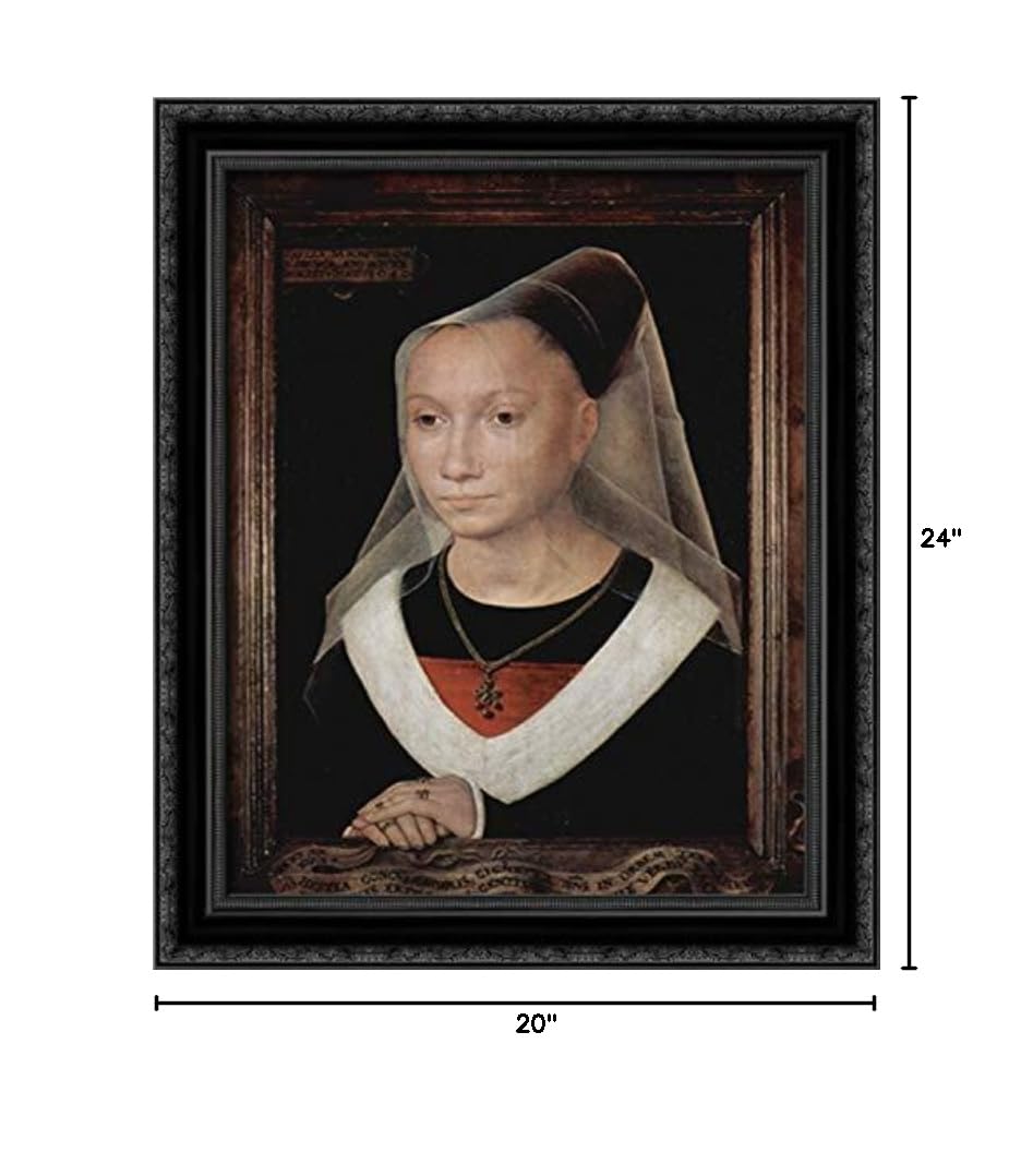 Hand-Painted Hans Memling Young Woman Portrait Canvas Art - 20x24 Inch Black Ornate Wood Frame - Renaissance Wall Decor for Living Room, Bedroom & Office