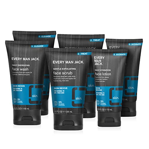 Every Man Jack Men’s Skin Revive Set - Caffeine, Green Tea & Hyaluronic Acid Face Wash, Scrub & Lotion Twin Packs for Dry, Tired Skin - Hydrating & Exfoliating Skincare Routine for Men | Perfect for Daily Use & Travel