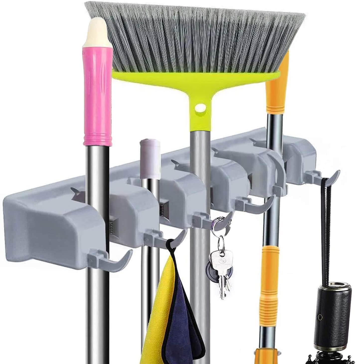 Wall Mount Broom Holder with 6 Hooks - Heavy Duty Garage Organizer for Mops, Rakes & Garden Tools (1.25
