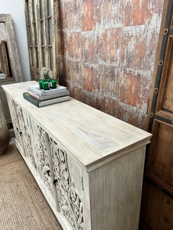 White Carved Solid Wood Sideboard Buffet Table with 4 Doors - Perfect for Dining Room Storage & Rustic Home Decor