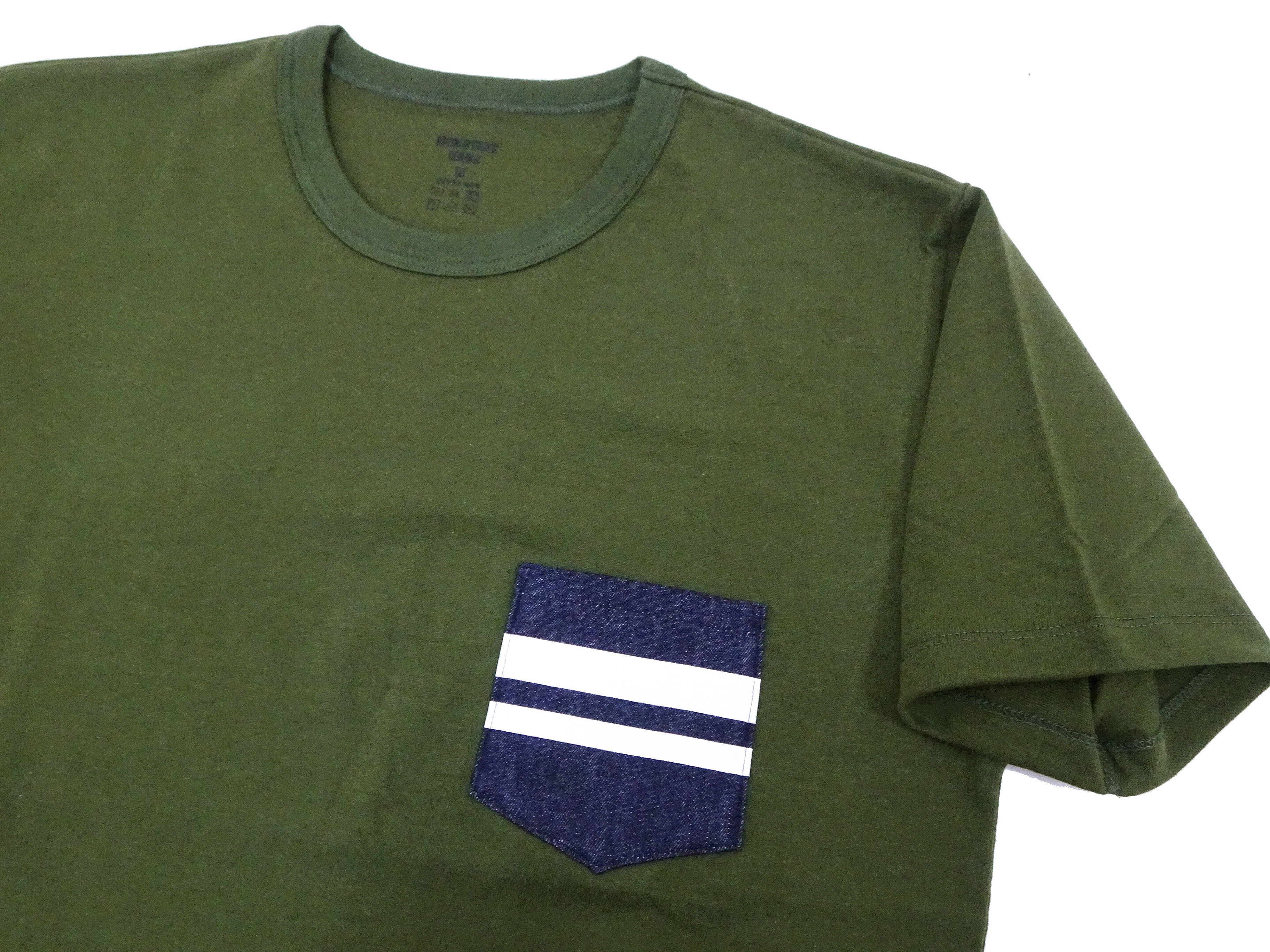 Momotaro Jeans Men's Short Sleeve Pocket T-Shirt with GTB Striped Denim - Olive Green MZTS0003 | Casual Wear, Street Style, Everyday Outfit