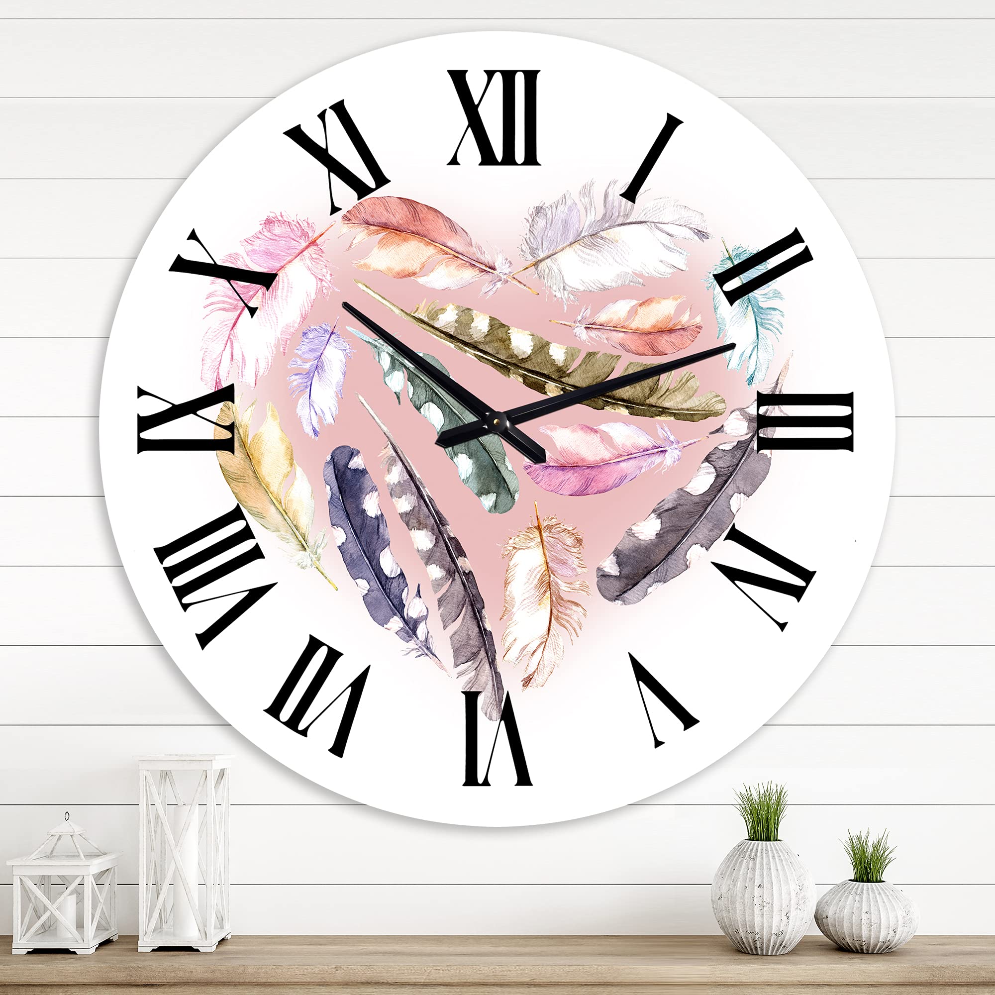 Bohemian Ethnic Feather Heart Wall Clock - Large Eclectic Home Decor for Living Room, Bedroom & Office - Unique Animal-Themed Wall Art