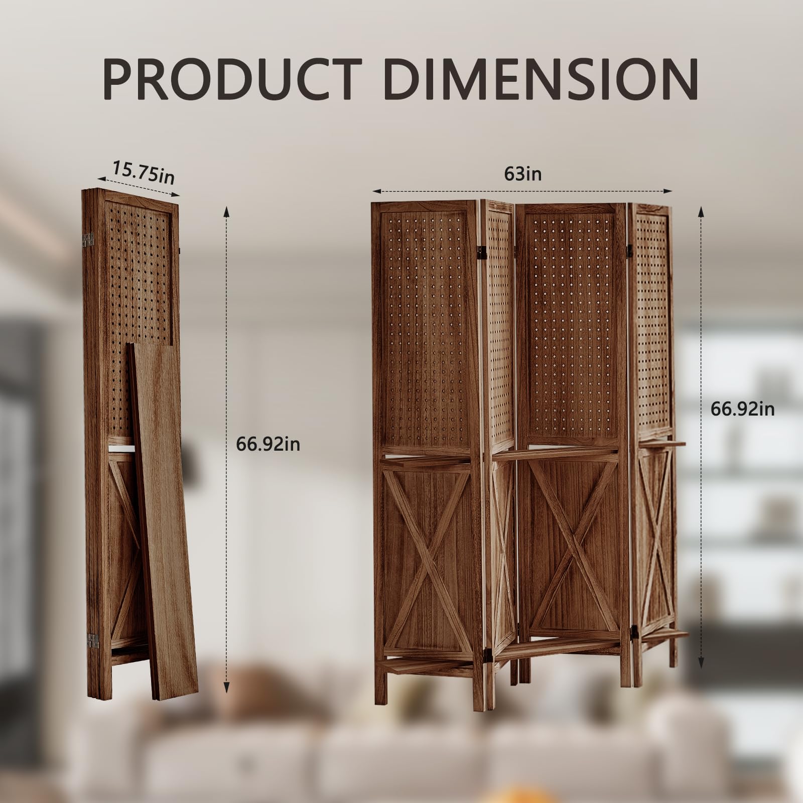 4 Panel Wood Room Divider with Shelves - Folding Privacy Screen & Pegboard Display - Easy to Move for Home & Store Use - Brown (Perfect for Studio Apartments, Office Spaces & Retail Displays)