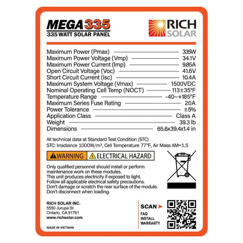 Rich Solar Mega 335W / 400W / 410W Monocrystalline Solar Panels | High Efficiency 24% | 25-Year Warranty | Off-Grid Solar Power for RV, Boat & Home Use