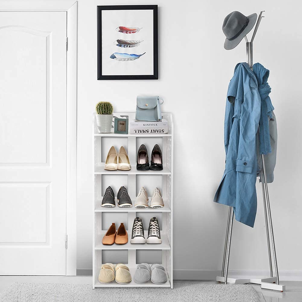 5-Tier White Wooden Shoe Rack - Modern Narrow Shoe Storage Shelf & Organizer for Entryway, Closet, Bedroom, Living Room | Space-Saving Home Shoe Storage Solution for Sneakers, Boots & Heels