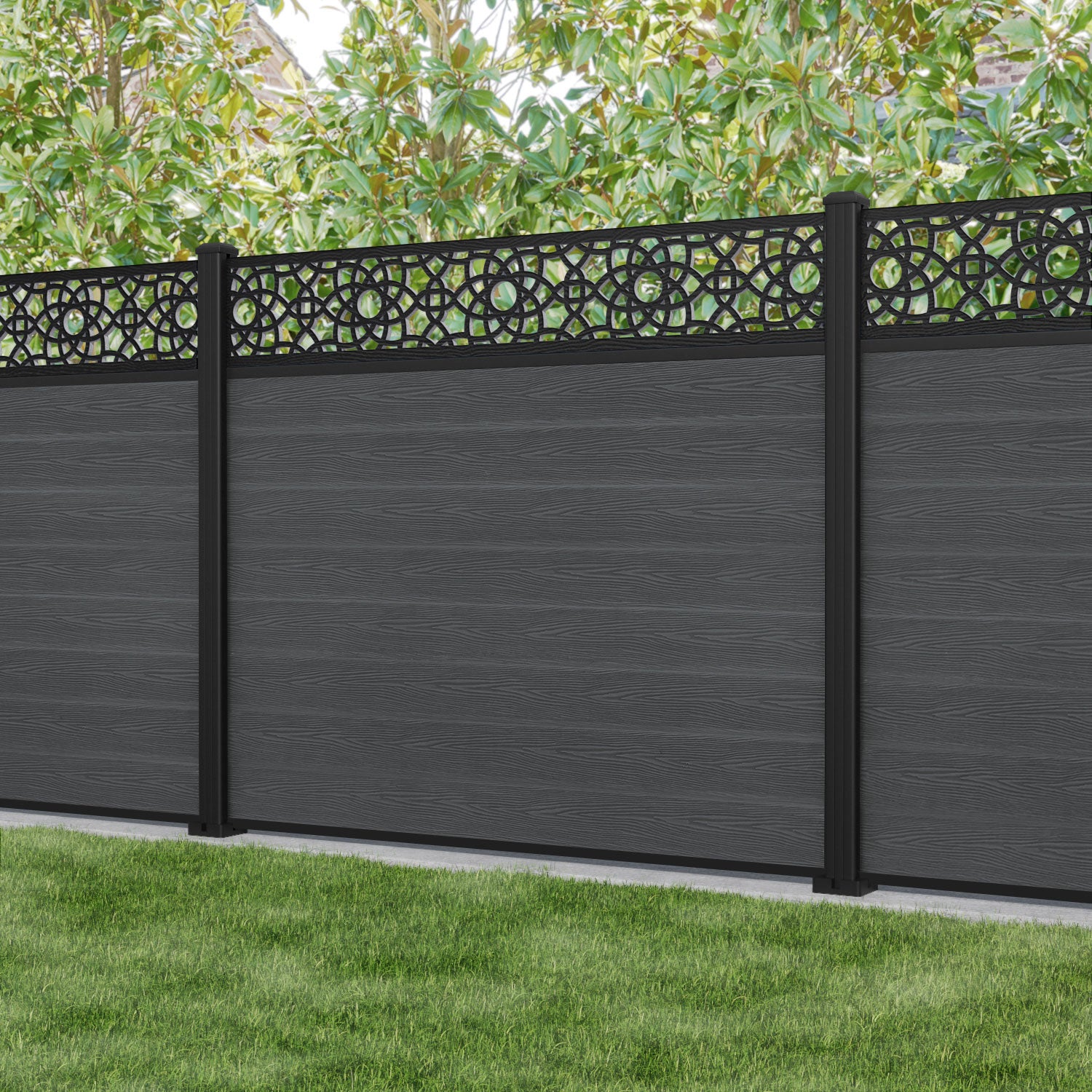 Classic Amber Fence Panel - Dark Grey Aluminum Privacy Fence with Sturdy Posts | Outdoor Garden, Backyard, and Patio Fencing Solution