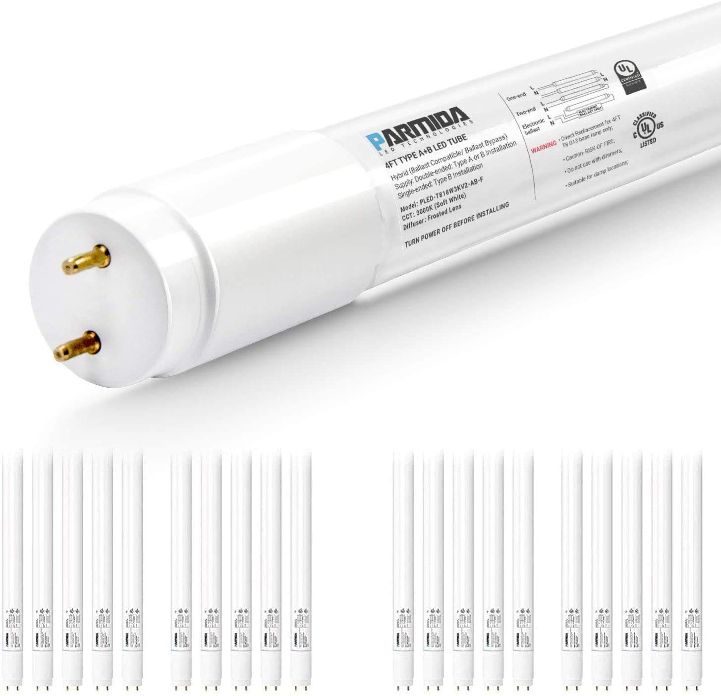 PARMIDA 20-Pack 4FT LED T8 Light Bulbs - 18W, 5000K Daylight, 2200 Lumens, Hybrid Type A+B (Plug & Play or Ballast Bypass), Single/Double-Ended Connection, Frosted Cover - Compatible with T8 T10 T12 Fixtures - UL Listed - Perfect for Offices, Warehouses & Garages