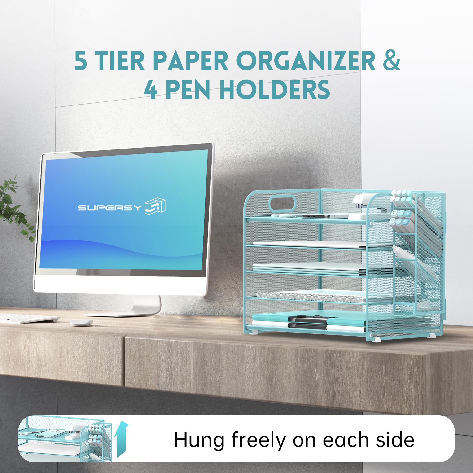 SUPEASY 5-Tier Mesh Desk Organizer with Handle & Removable Pen Holders - Office File Tray for Paper, Letters & Supplies - Perfect for Home Office, School & Workspace Organization (Blue)