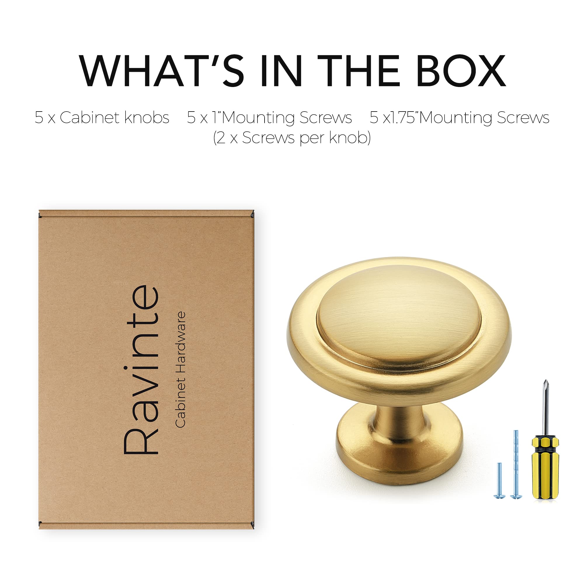 Brushed Brass Cabinet Handles 5 Pack - Gold Round Knobs for Kitchen & Dresser Drawers