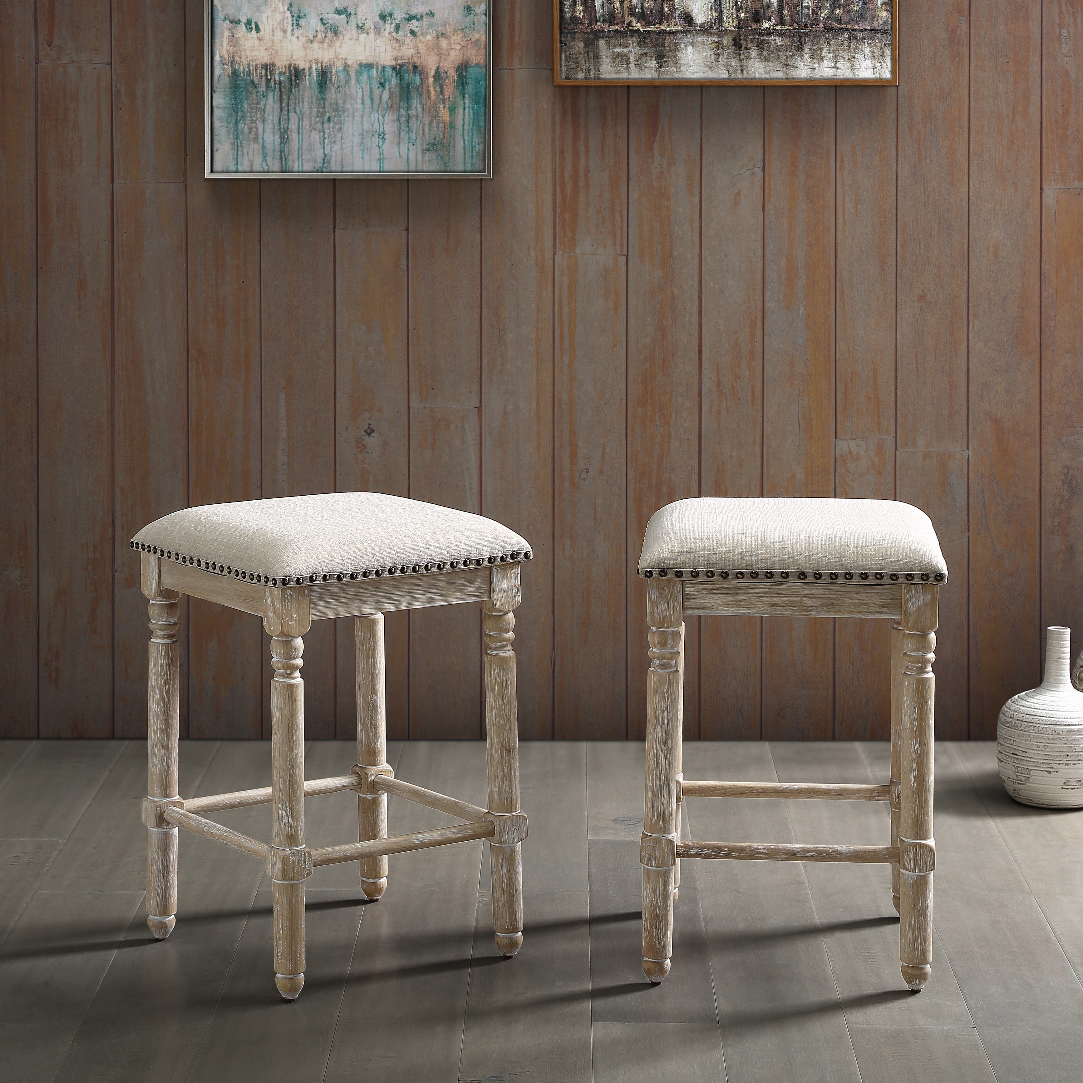 Roundhill Furniture Arnhem Wood Upholstered Counter Height Bar Stools, Tan, Set of 2 - Perfect for Kitchen Island, Breakfast Nook & Home Bar Seating
