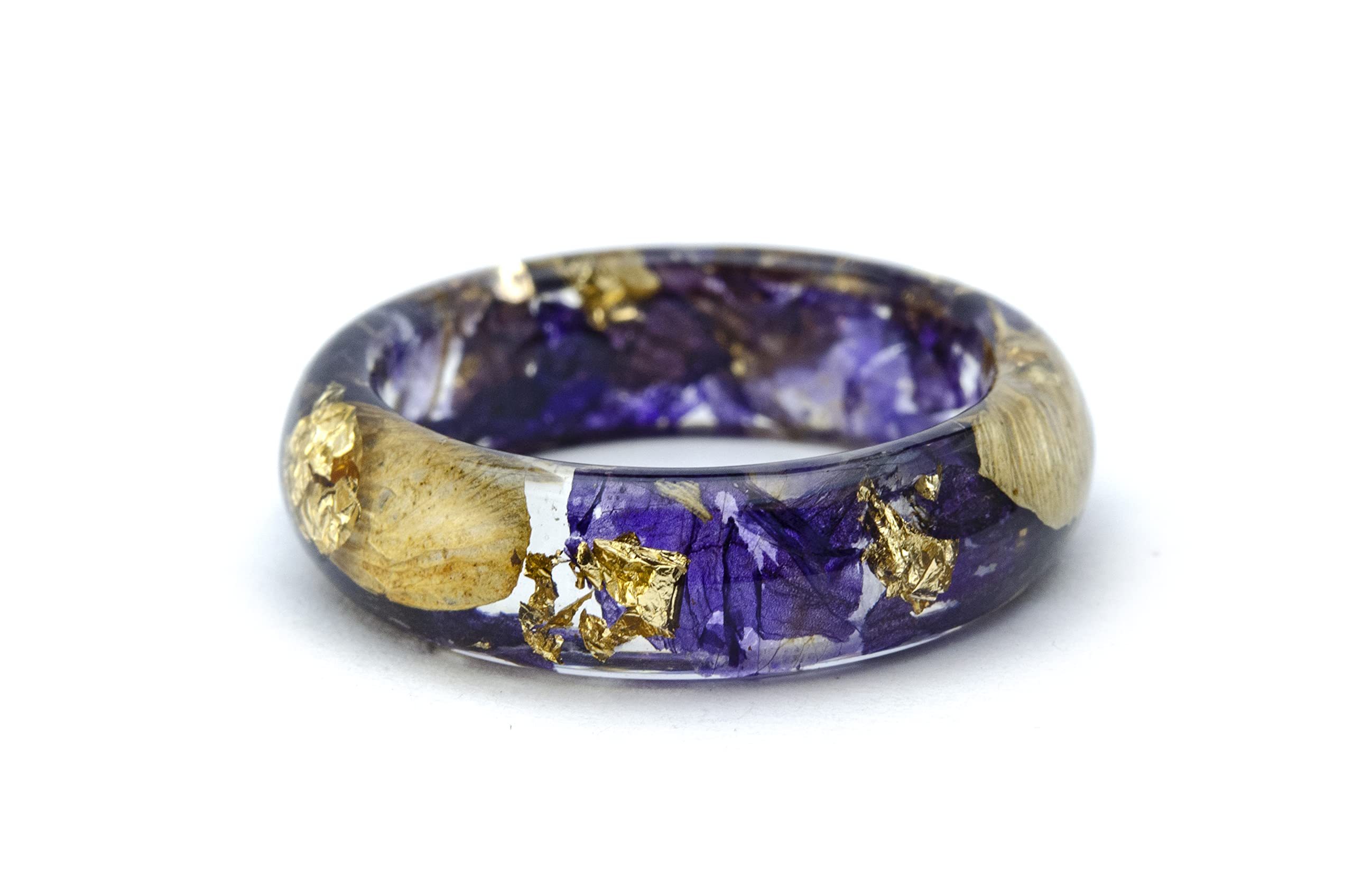 Nature Inspired Engagement Resin Rings with Purple Bells & 24K Gold - Unique Wedding Band for Couples, Handmade Eco-Friendly Jewelry Gift for Her | Perfect for Proposals, Anniversaries & Romantic Occasions