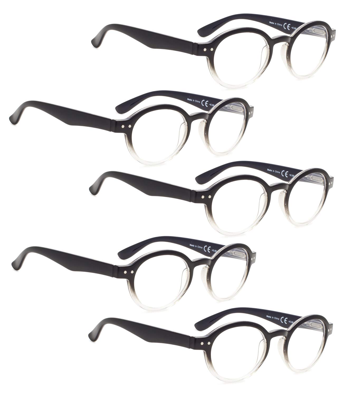 LUR Reading Glasses 5 Pack - Round Retro Readers for Women & Men - Fashionable & Lightweight Eyewear for Reading, Working, and Daily Use