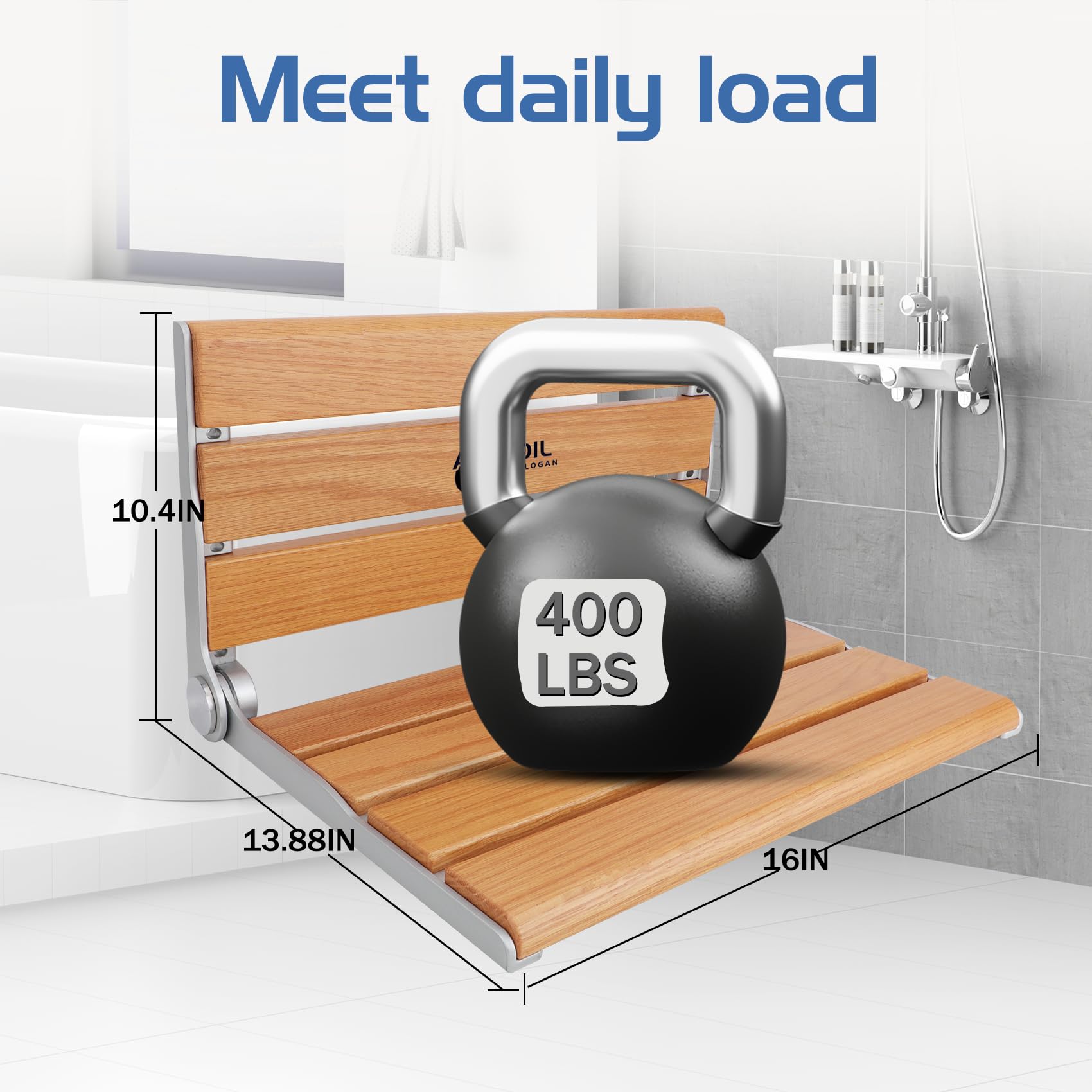 16IN Folding Teak Shower Seat Wall Mounted - 400LB Weight Capacity for Elderly, Disabled & Pregnant - Space Saving Bathroom Safety Seat for Showers & Bathtubs [2025 New Model]