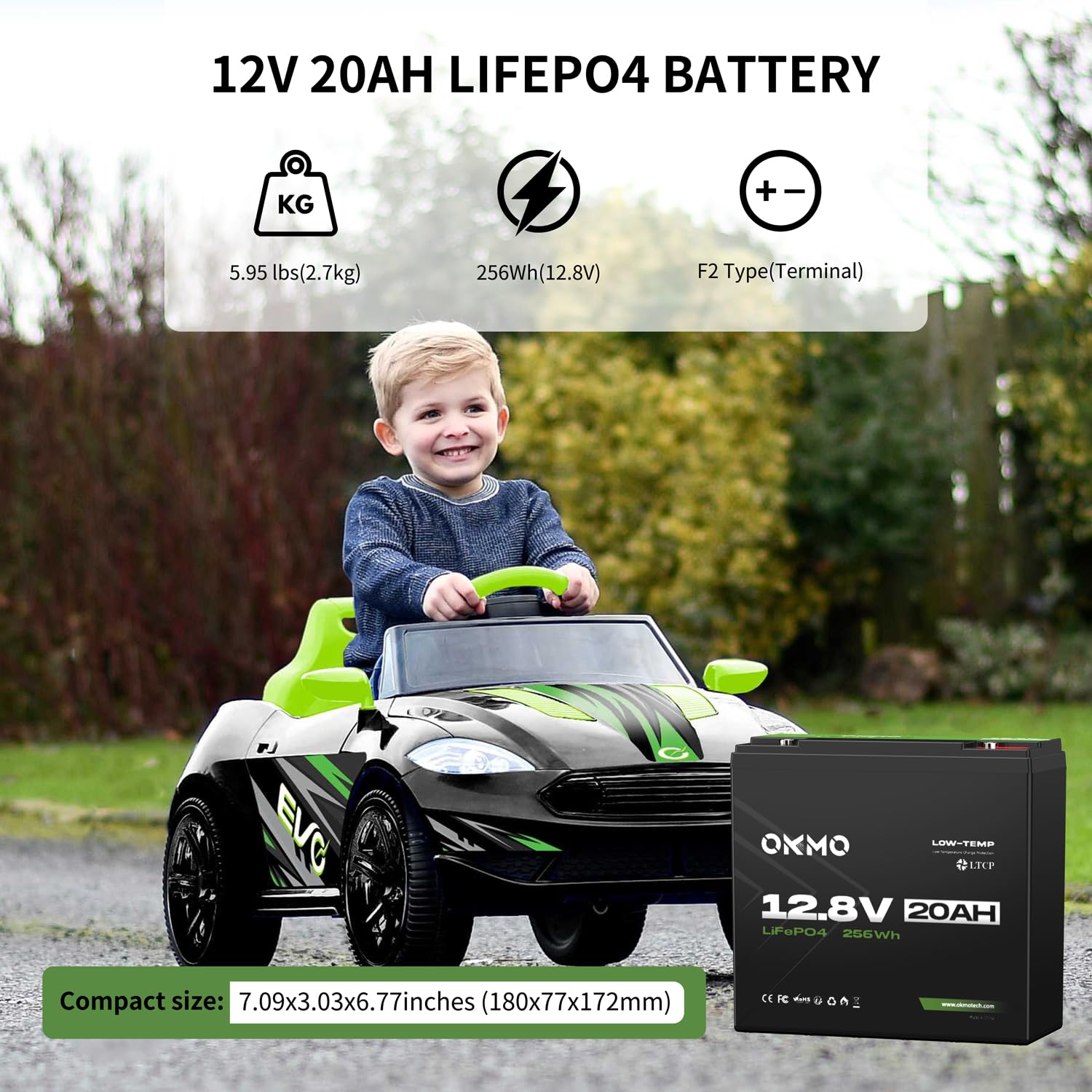 OKMO 12V 20Ah LiFePO4 Lithium Battery - 12.8V Deep Cycle Rechargeable Battery with 4000+ Cycles & LTCP Protection - Perfect for UPS Backup, Kayak Fish Finders, Solar Panels, Power Wheels Toys, Electric Scooters, and Marine Radios - Ideal for Outdoor Adventures & Emergency Power Supply