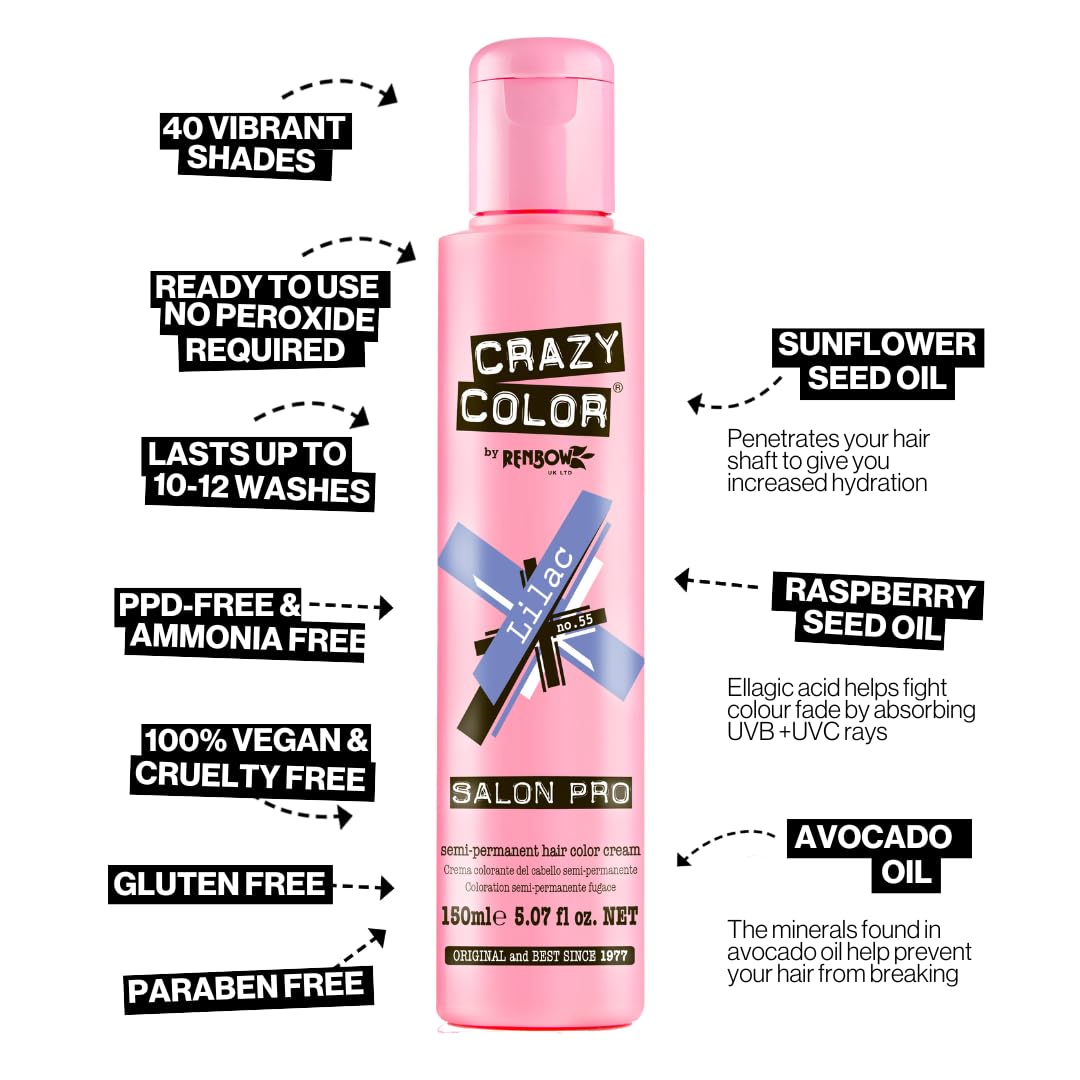 Crazy Color Salon Pro Semi-Permanent Hair Dye - 55 Lilac Purple for Women (5.07 oz) | Vegan & Cruelty-Free Vibrant Hair Color | Perfect for DIY Salon Styling & Creative Hair Makeovers